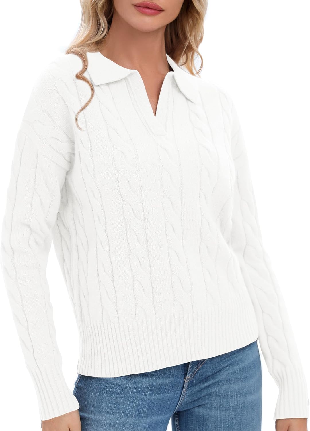 Urban CoCo Womens Long Sleeve V Neck Pullover Polo Sweater Tops Cable Knit Sweaters Winter Trendy Outfits - Image 4