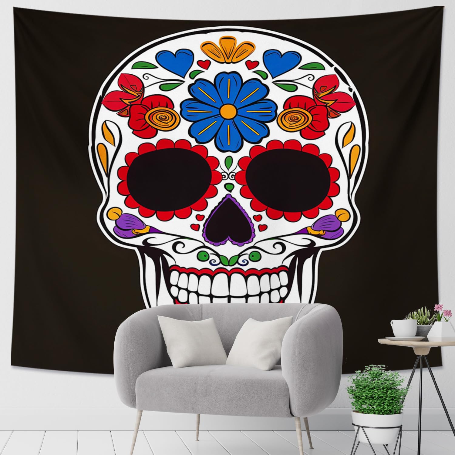 Colorful Sugar Skull Tapestry, Floral Decorative Wall Hanging, Day of the Dead Aesthetic for Bedroom, Living Room, Dorm, Celebratory Tapestries 60x80 Inch