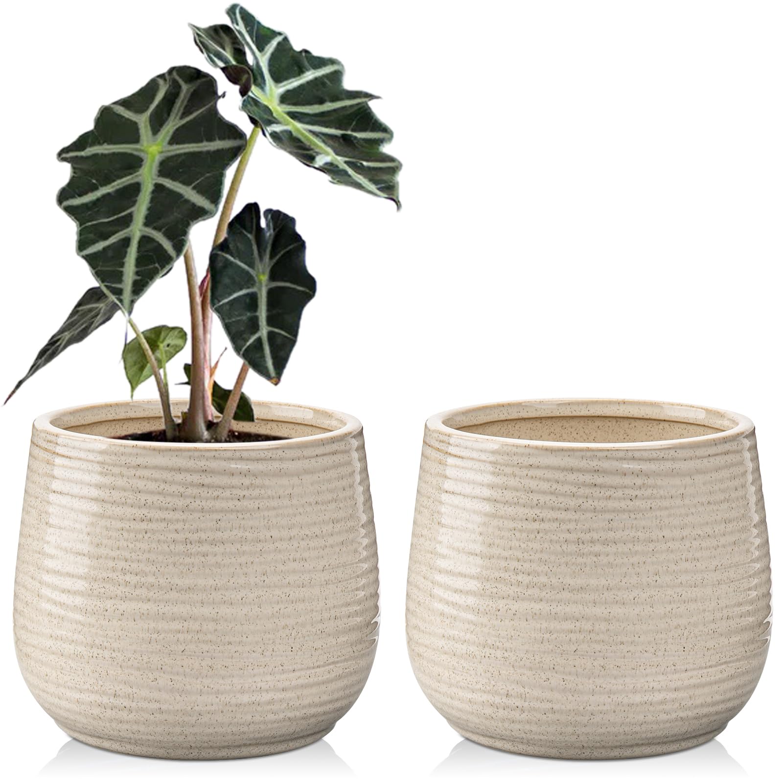 Oairse - Set da 2 vasi da fiori in ceramica, diametro 15 cm, con foro di drenaggio e tappo in silicone per piante da interno, decorazione retrò per set di contenitori da giardino per esterni, smalto