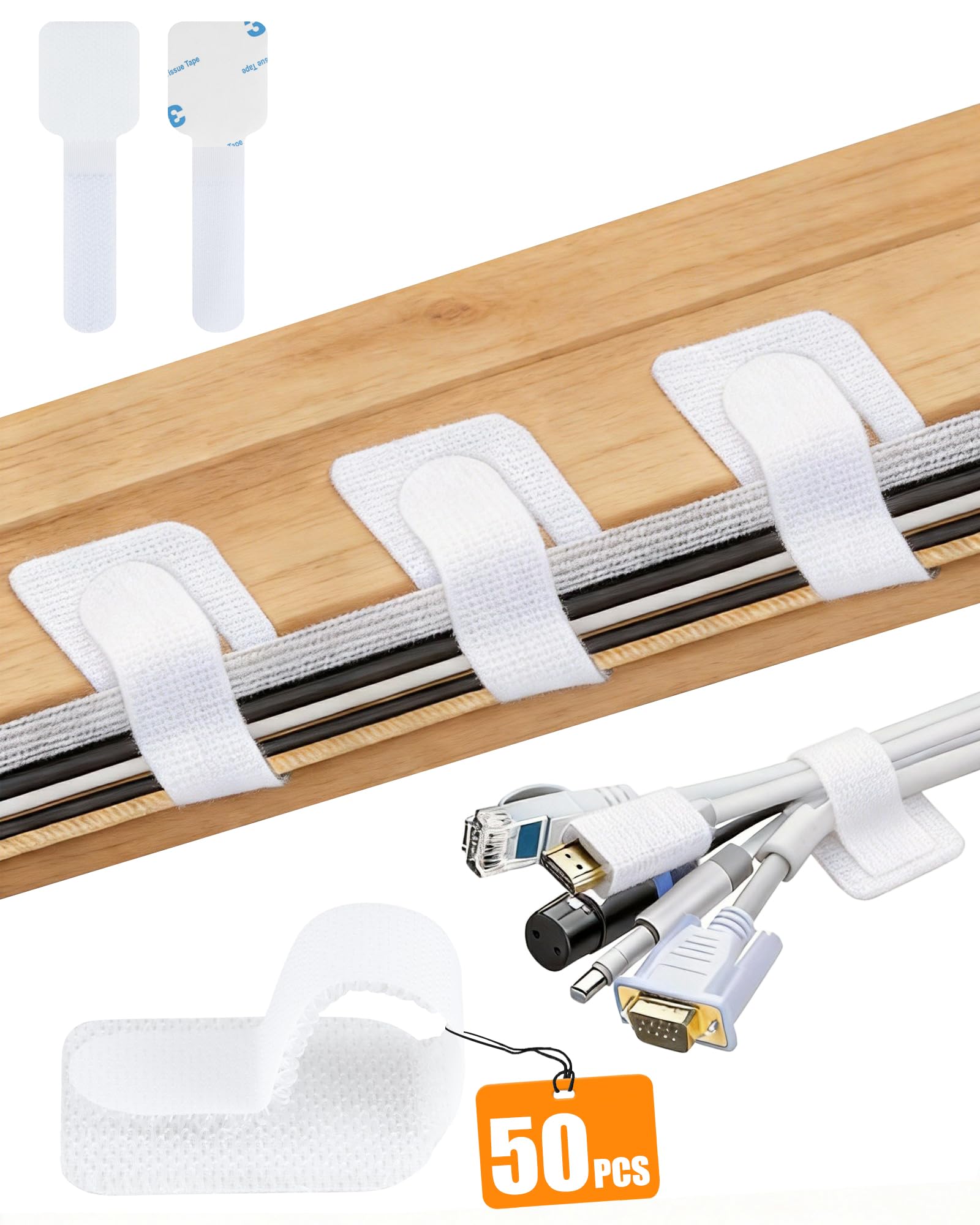 Acual 50 PCS Under Desk Cable Management Kit, Self Adhesive Cable Clips, Cable Tidy Organiser for Desk, TV, PC, Laptop, Ethernet & Home Office,White