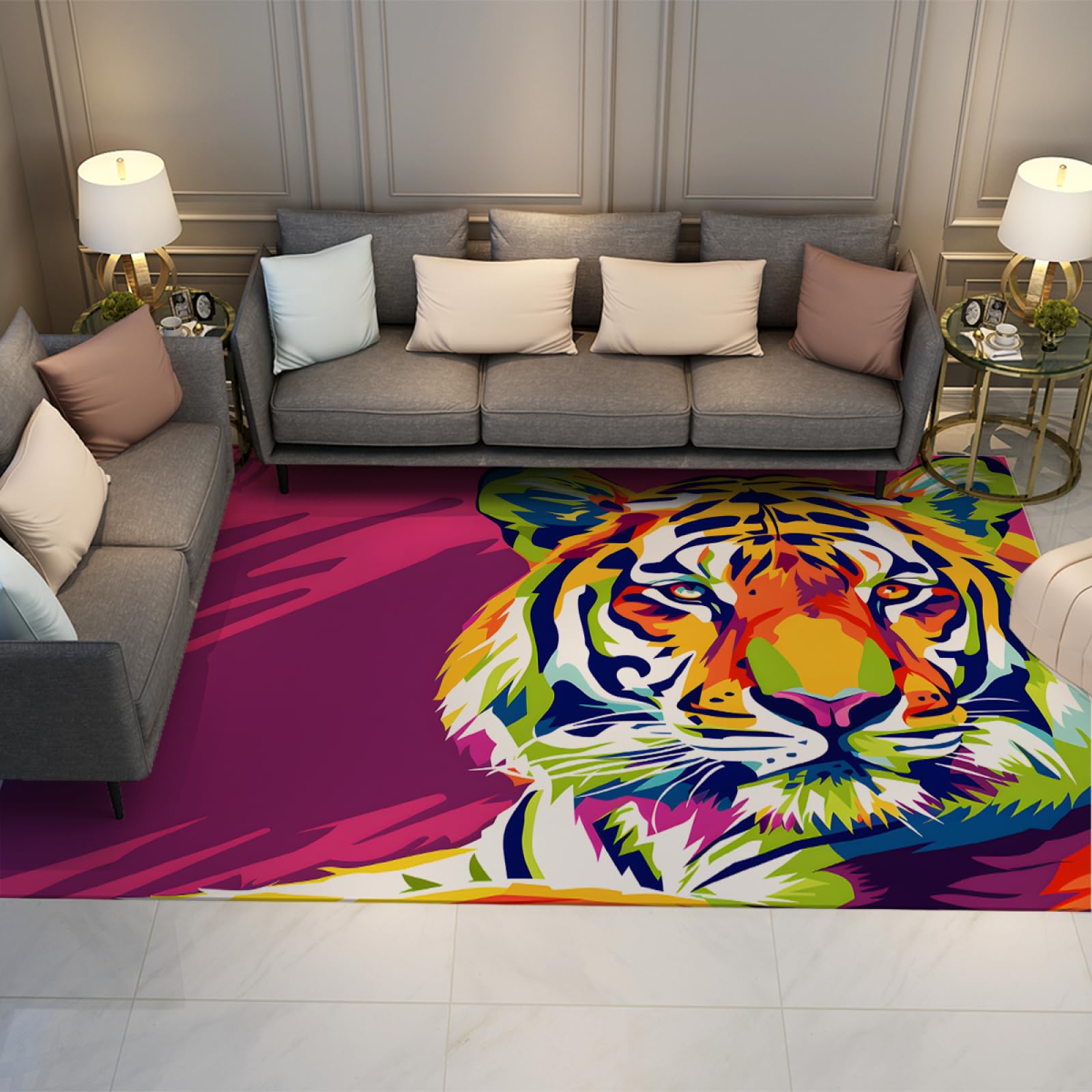 Tapis de salon pop art 140x220 cm motif tigre multicolore moderne