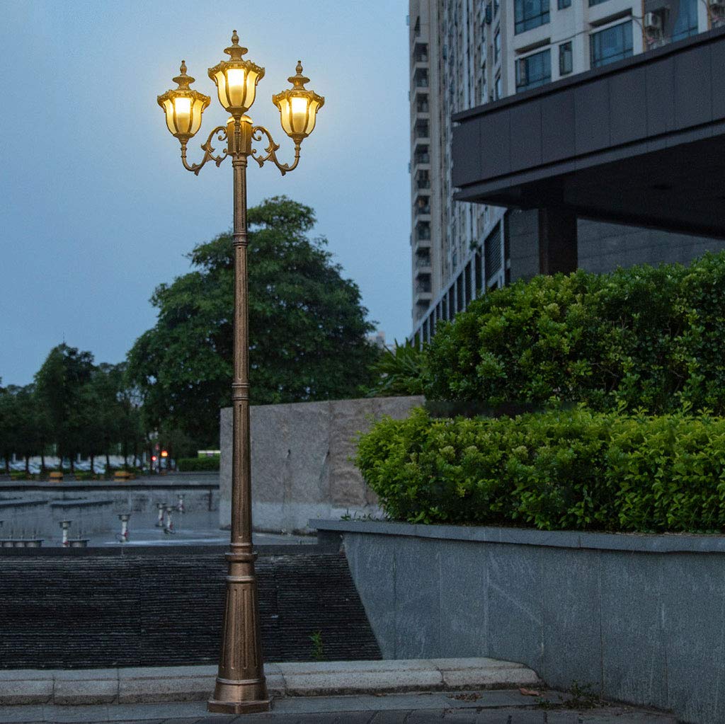 Columna de luz para exteriores, impermeable, para exteriores, patio, jardín, pasarela o decoración, poste de luz dorado con paneles de luces europeas de vidrio transparente, 3 cabezales