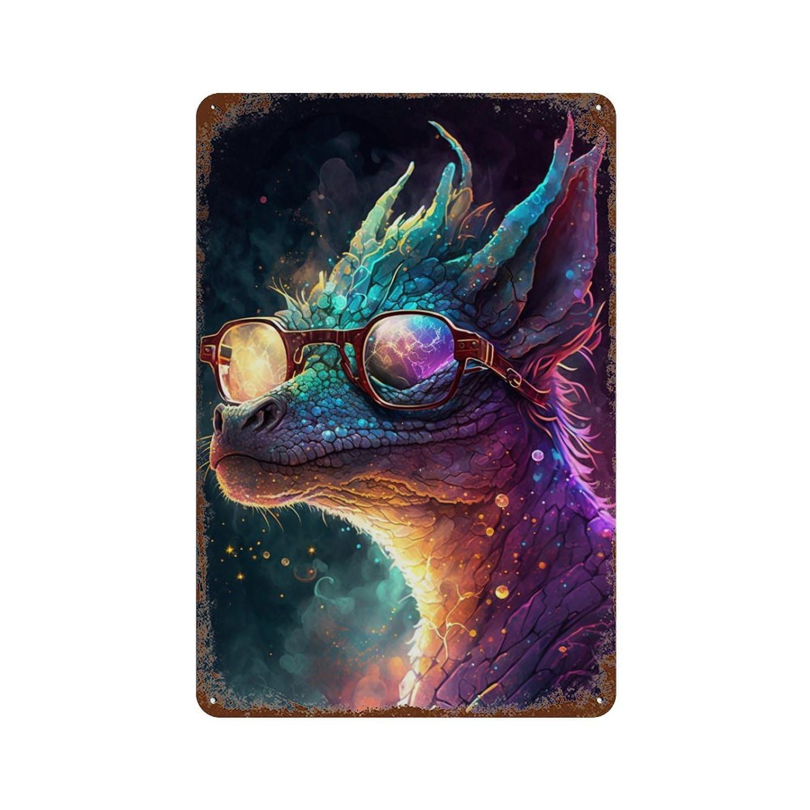 Garage Style Colorful Dragon Sunglasses Art Print Distressed Metal Wall Sign 11.8"x7.9", Classic Wall Plaque for Bar And Workshop