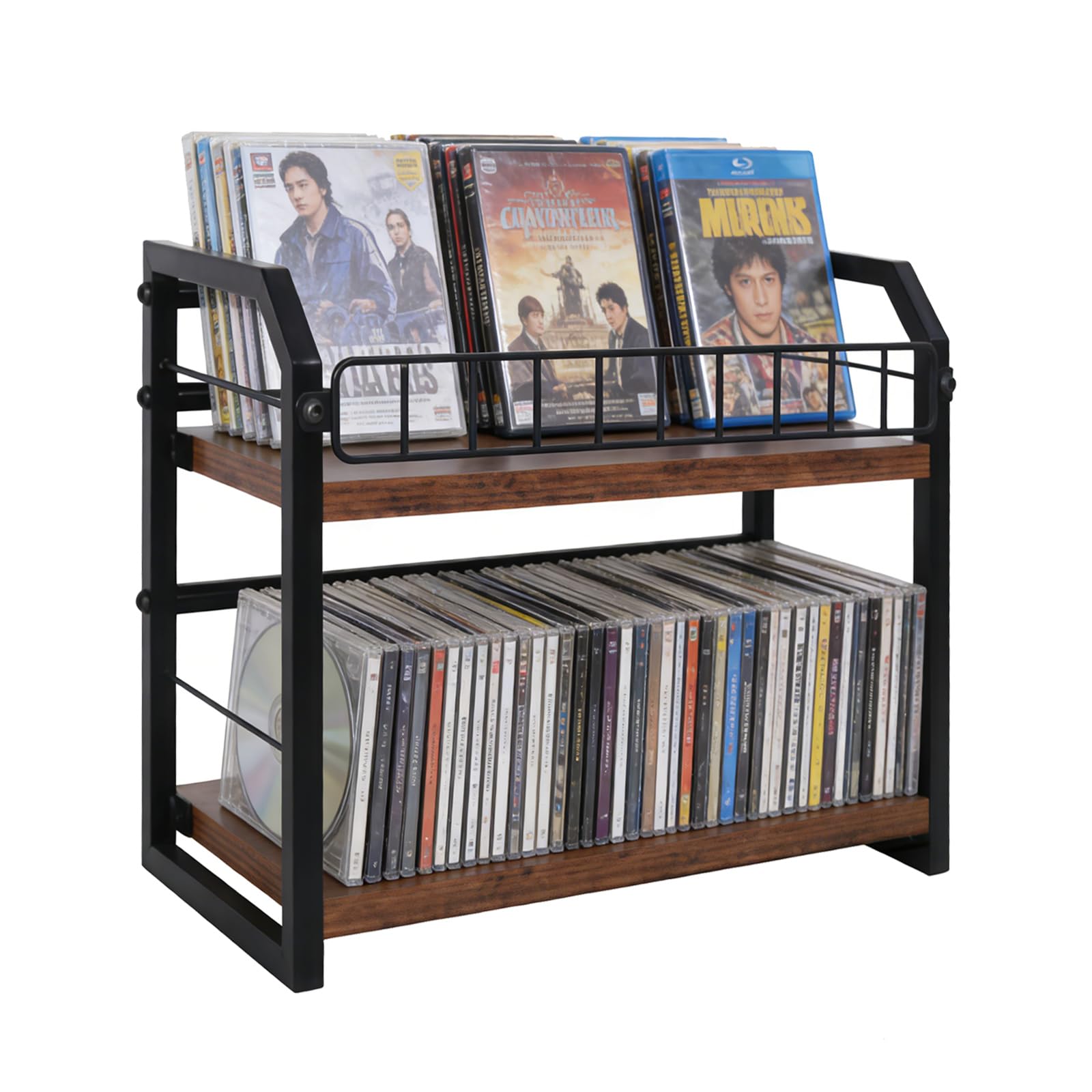 2-Tier CD Storage Rack & Tower, Vinyl Record & CD Holder with Display Shelf, Industrial Retro Wood & Iron Organizer for LPs, CDs, DVDs, Games, Magazines, Space-Saving Desktop CD Stand