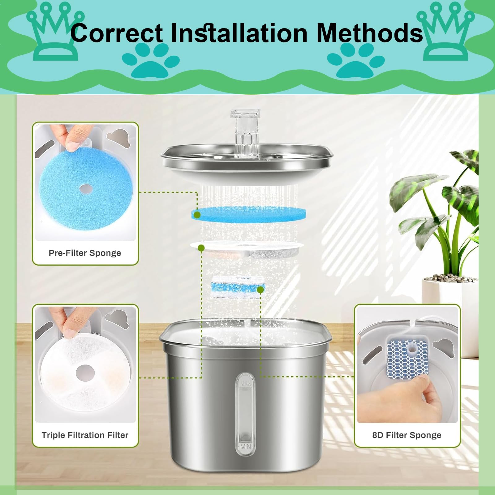Cat Water Fountain Filter,Cat Fountain Filters Replacement for Square 2.2L/73oz Stainless Steel Pet Water Fountain,5 Pack Pet Fountain Filter Replacement - image 4