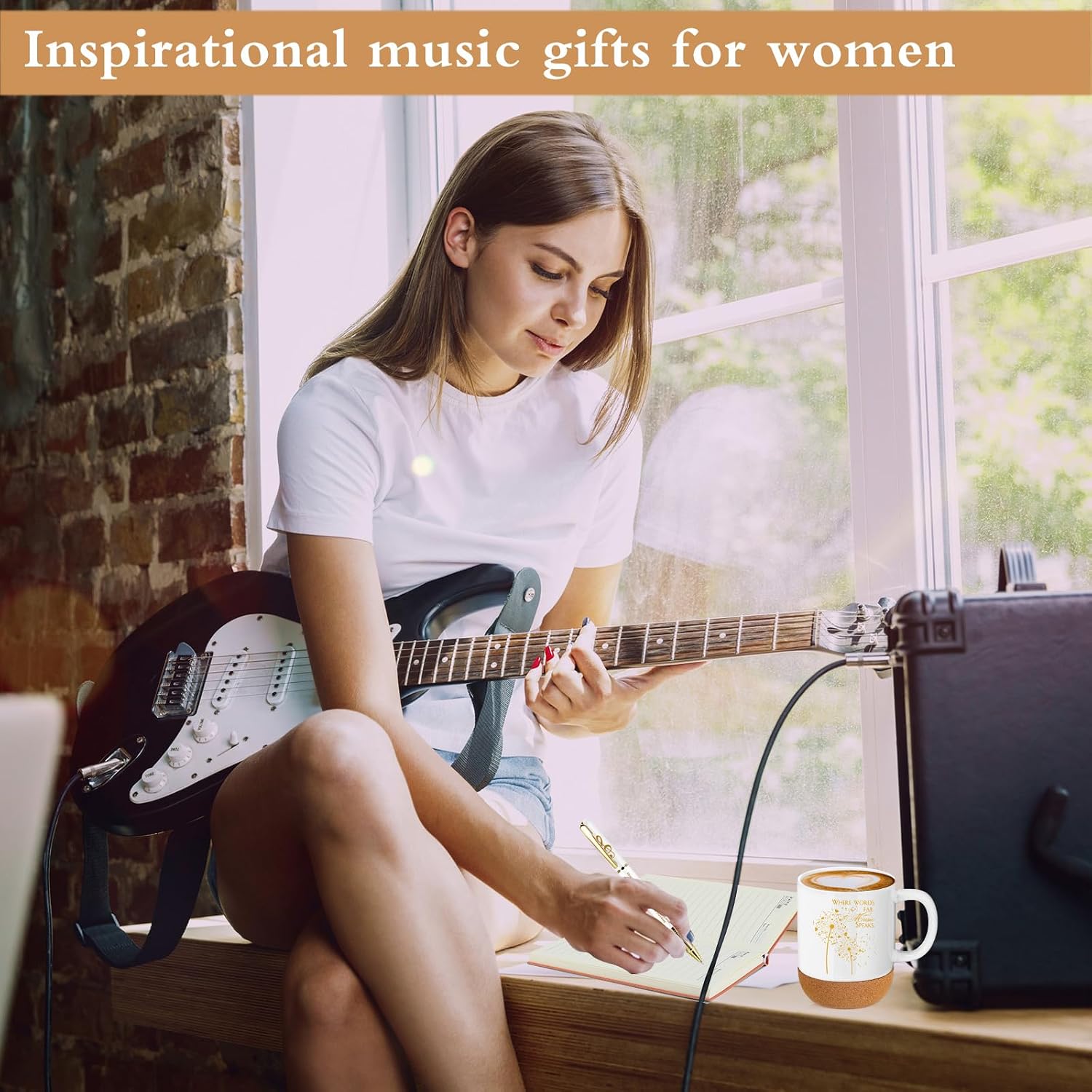 SiliFine 4 Pcs Music Lover Gifts Women Men 15 oz Musician Coffee Mug with Lid Leather Journal Notebook Candle and Pen Set Music Teacher Thank You Gift for Piano Students Birthday Retirement(White)