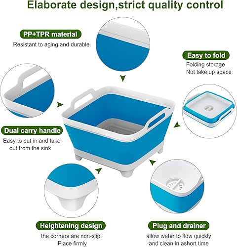 Miniatura 3 de KEPPIER Sartén para lavar platos, fregadero portátil plegable de 9 L, lavabo de lavado, bañera de lavandería plegable, lavabo con tapón de drenaje,