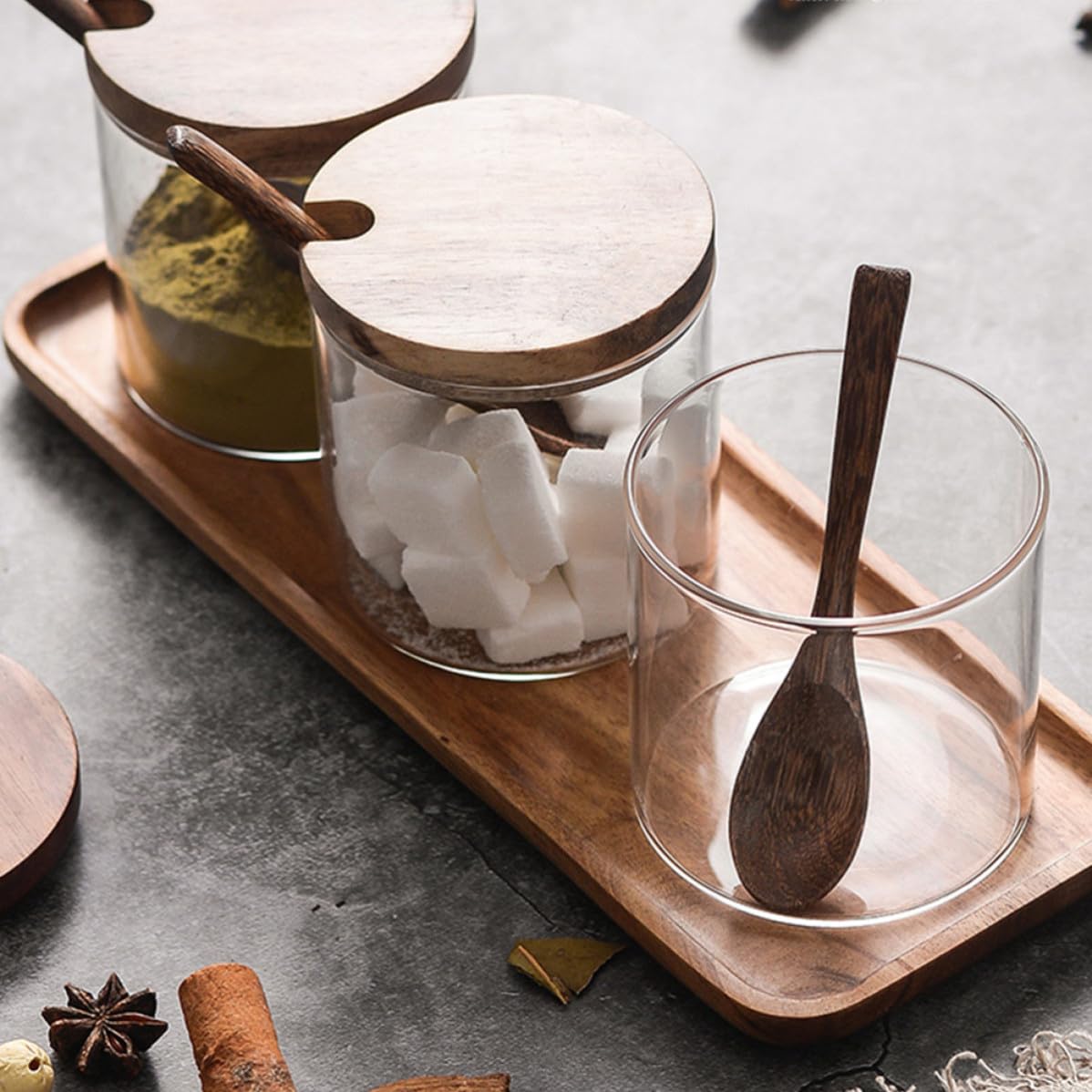 ibasenice Gewürzbehälter Multifunktional aus Glas Satz und Löffel mit Holzdeckel mit Tablett für Aufbewahrung von Salz und Gewürzen zu Hause in Küche