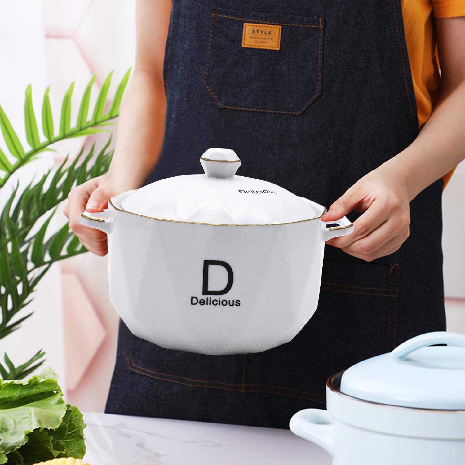 ABHOME - Zuppiera in ceramica con coperchio da 3 litri in porcellana per servire Zuppa per ristorante casa cucina decorazione carino in ceramica per zuppa, porcellana bianca