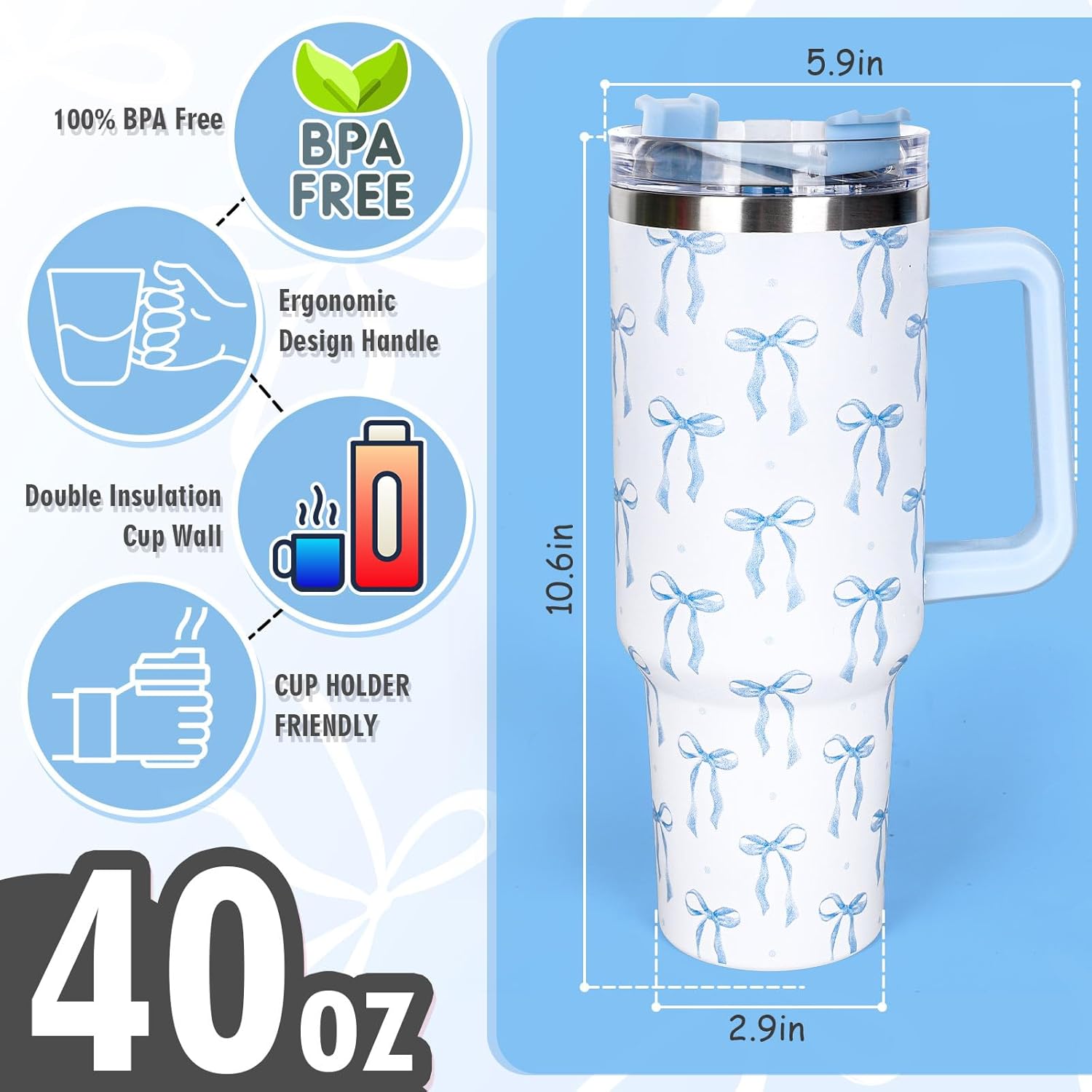 Whaline 40 Oz Blue Bow Tumbler with Handle Straw and Lid Bow-Knot Travel Coffee Tumbler Cup for Women Friend Holiday Birthday - Image 2