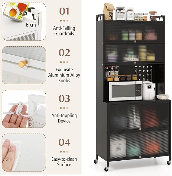 TANGZON 5/6 Tier Kitchen Cabinet, Rolling Kitchen Baker's Rack with Translucent Flip Doors, Pegboard, Hooks & Wheels, Microwave Stand Pantry Cupboard Unit (Black, 6 Tier, 80x40x181cm)