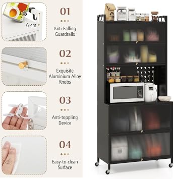 TANGZON 5/6 Tier Kitchen Cabinet, Rolling Kitchen Baker's Rack with Translucent Flip Doors, Pegboard, Hooks & Wheels, Microwave Stand Pantry Cupboard Unit (Black, 6 Tier, 80x40x181cm)