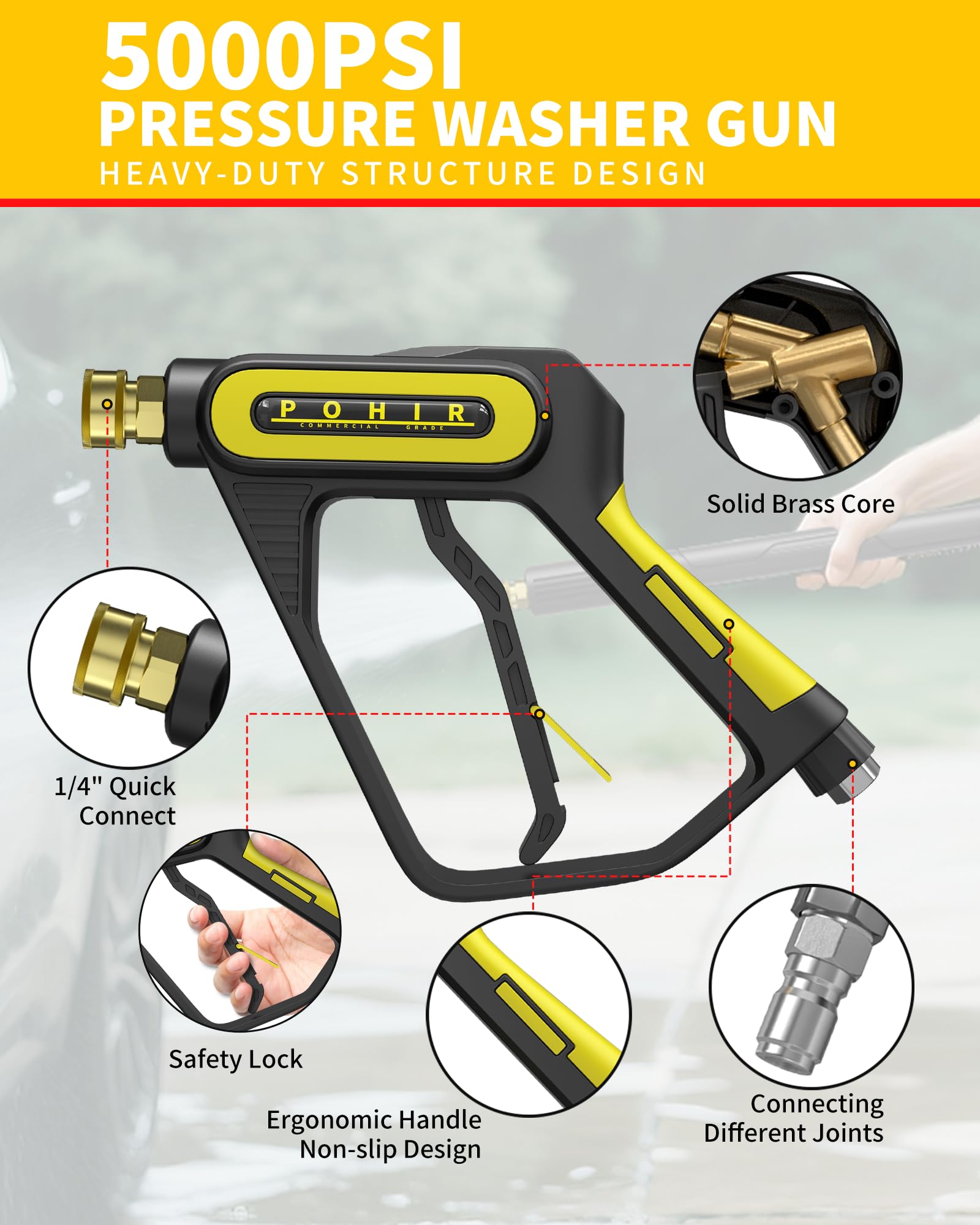 POHIR Pistola de lavado a presión de 5000 PSI con cañón, pulverizador de lavadora eléctrica con doble lanza de espuma ajustable, conector rápido de 1/4 pulgadas con puntas de boquilla (pistola, cañón