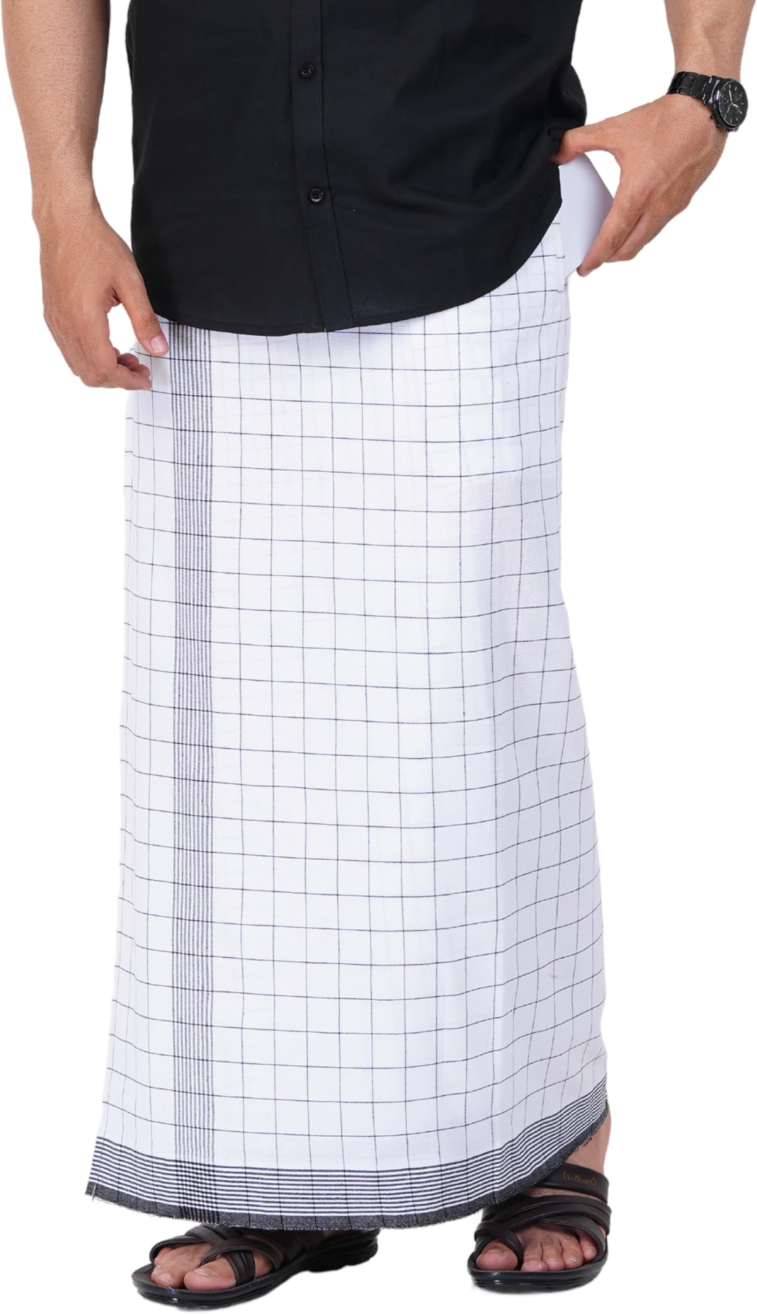 Prakasam Cotton Mens Cotton Kerala Thalapathi Border Welcro Pocket Checkered Dhoti (S-Size Dhoti) / White Colour Thalapathi Adjustable Pocket Dhoties For Mens (Small-White Checks)