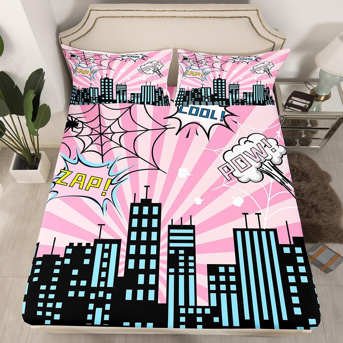 City Building Kids Fitted Sheet Full Size,Hero Theme Bedding Sets 3Pcs for Boys Teens Men Room Decor,Pink Striped Sky Bed Sheet Modern Cool Deep Pocket Sheet,2 Pillowcases