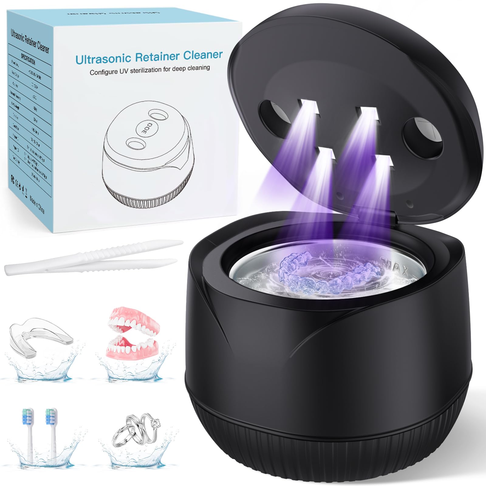 Dental Ultrasonic Retainer Cleaner Machine: 45kHz Dental Cleaning Pod with Digital Timer & 200ML, Cleaning for Dentures, Mouth Guards, Aligners, Night Guards, Braces, Toothbrush Heads & Jewelry, Black