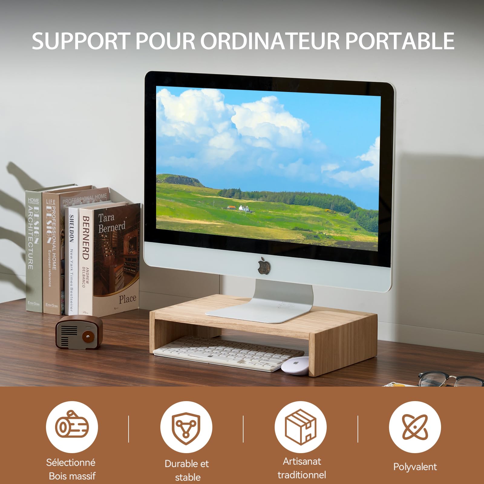 KIRIGEN Support d’écran en bois, rehausseur PC, 39 x 24 x 8,5 cm, naturel | Paulownia massif, fait main, livré monté, tenon-mortaise, charge max. 20 kg, huile végétale, 4 patins antidérapants