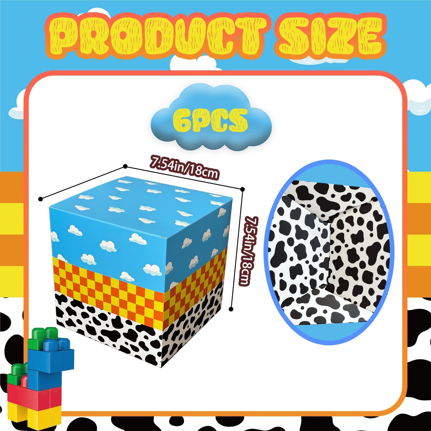 6 Pack Cartoon Theme Birthday Party Boxes, 7.5 Inch Blue Sky White Clouds Centerpieces Boxes for Toy Theme Party Decorations Supplies Favors