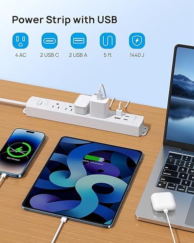 Miniatura 2 de TROND Regleta de alimentación de enchufe plano USB-5 pies, protector de sobretensiones para montaje en pared, 2 cargadores tipo C y 2 puertos USB A