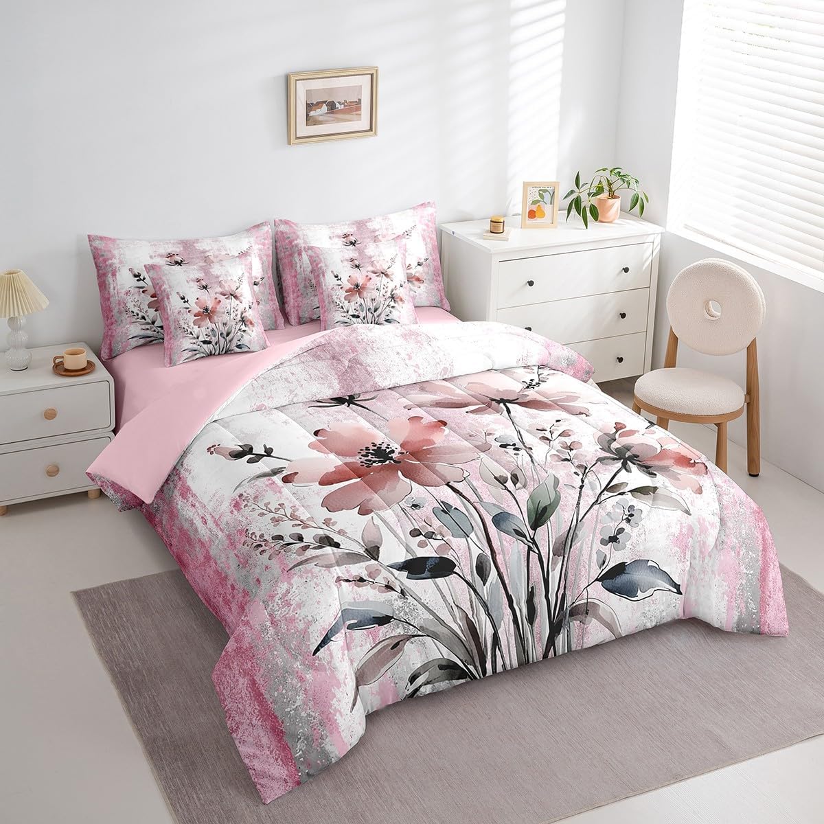 Erosebridal Abstract Oil Painting Print Twin Beddings 7 Piece for Girls - Rustic Farmhouse Comforter Set with Pink Autumn Floral, Ombre Pink Gray Bed Set for Kids Farm Country Wooden Sheets Set