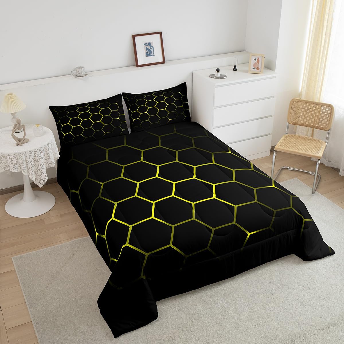 Feelyou Yellow Black Print Comforter Set Hexagonal Bedding Set Kids Boys Teens Honeycomb Decor Comforter Beehive Simplistic Geometric Monochrome Quilt Collection 2Pcs Twin Size Boys