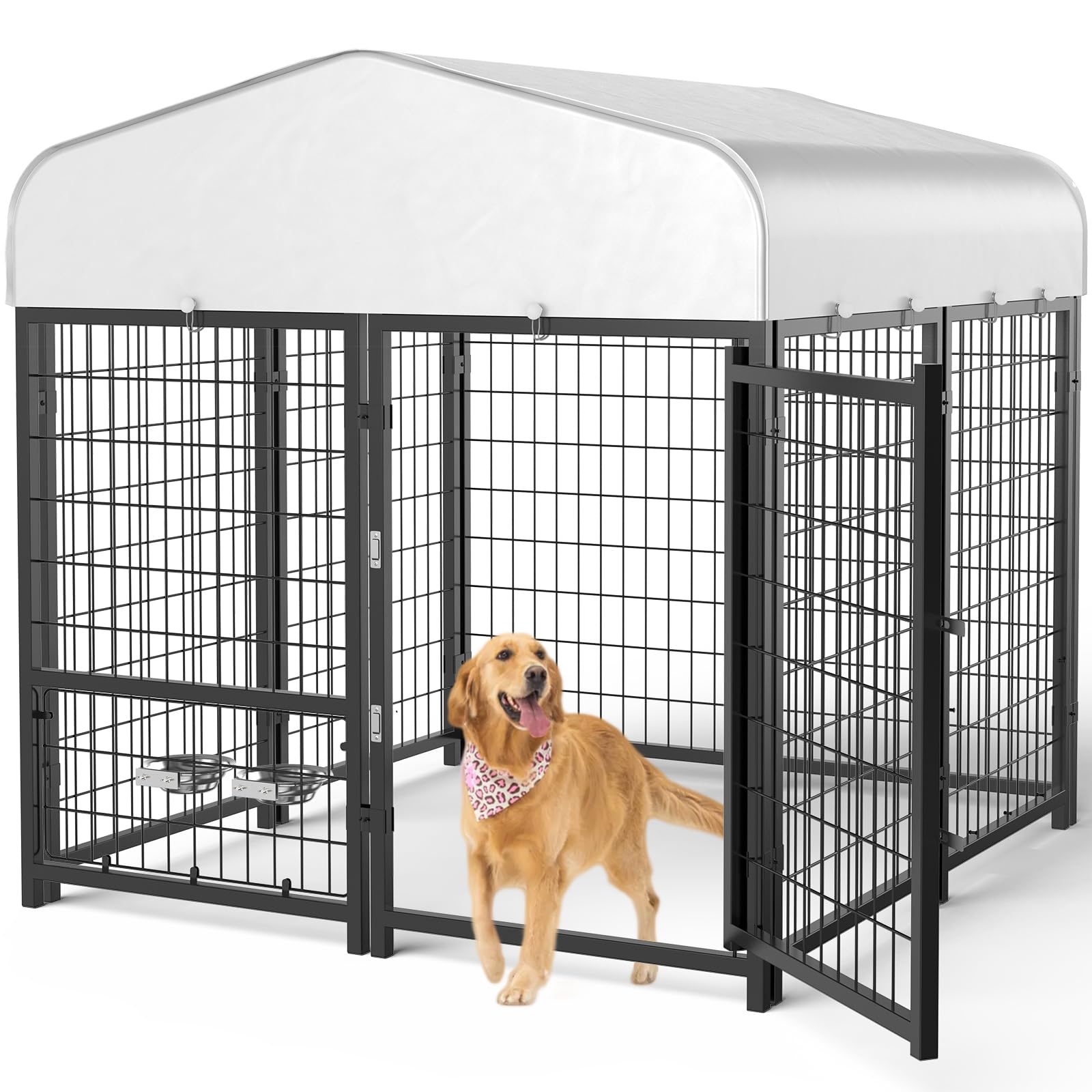 Outdoor Dog Kennel Outside with Removable Small Door&Bowls - 5x5x5FT Large Dog Kennels with Roof for Large Dogs Breed -Heavy Duty Run Cage Enclosure Outside Yard (Can Connect Your Doghouse)