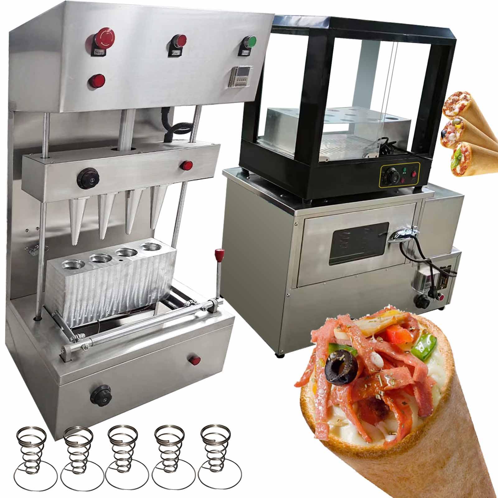 TXMACHINE® Pizza cone machine 4 cone maker with pizza oven,display warmer,pizza cone making machine,4 shapes (4 spiral maker+oven+warmer, 110V/60HZ)
