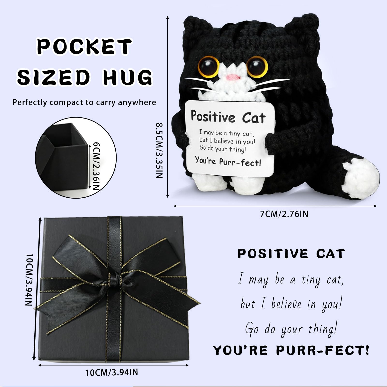 Positiva Gatto all'Uncinetto Portafortuna Fatto a Mano Confezione Regalo Nera