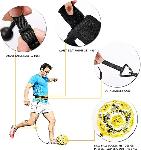 Miniatura 4 de PodiuMax Entrenador de fútbol manos libres, nuevo diseño de red bloqueada con pelota, cinturón de cintura ajustable y cordón para todos los niveles
