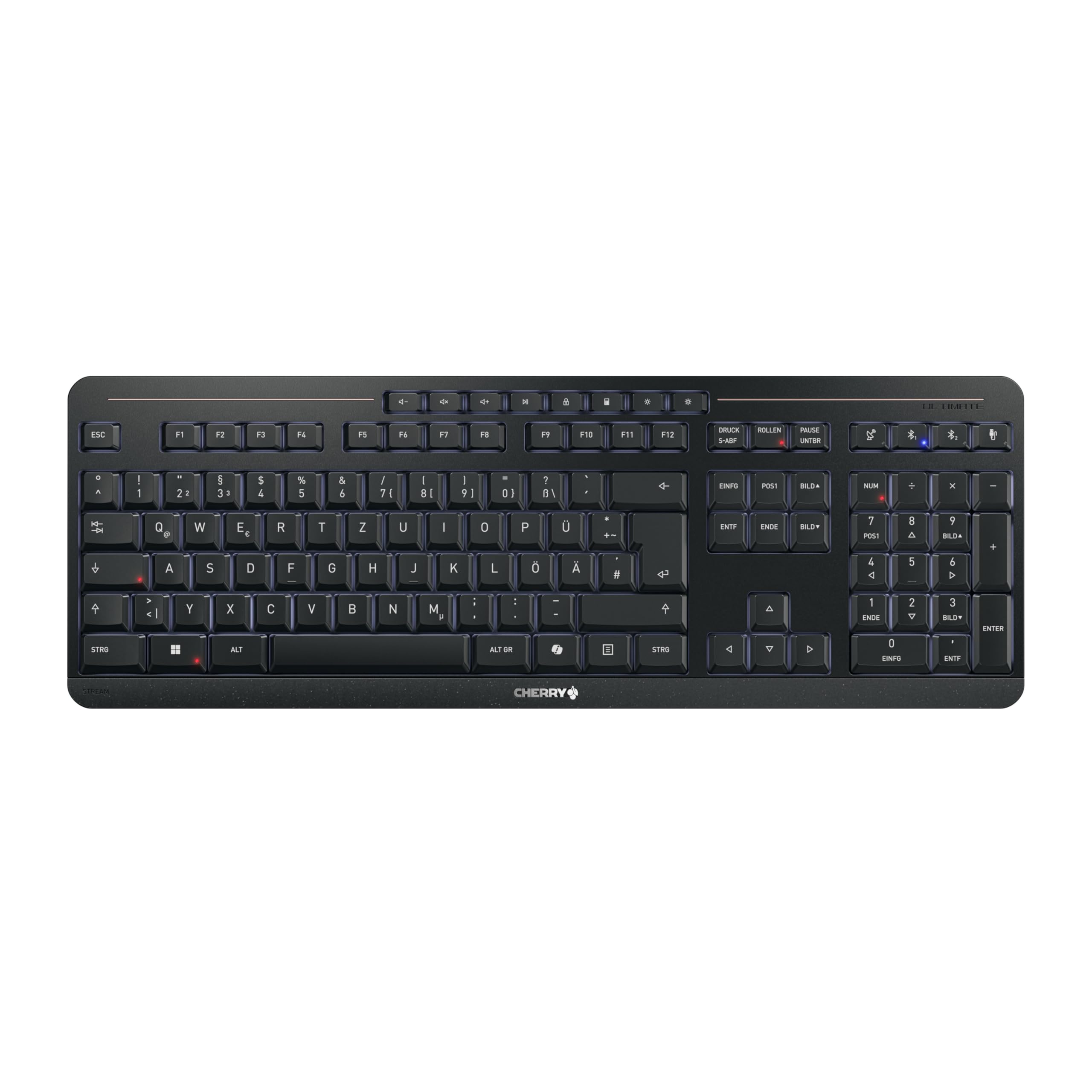 CHERRY Stream Keyboard Ultimate, Kabellose Multi-Device-Tastatur für bis zu 4 Geräte, Deutsches Layout (QWERTZ), Bluetooth, 2,4 GHz & Kabel, Beleuchtet, Schwarz