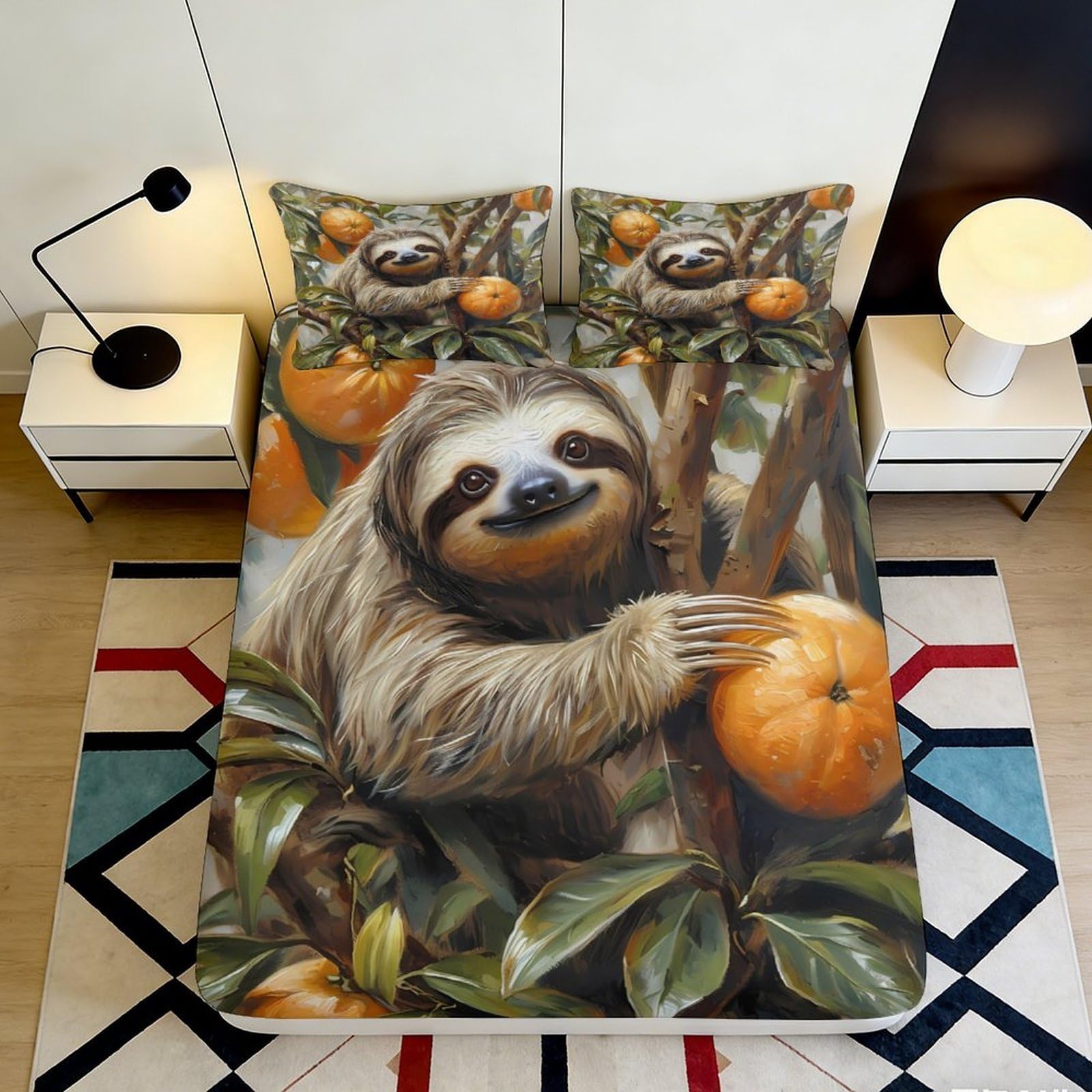 3D Printed Sloth Orange Fitted Sheet Microfiber Soft Anti-Slip Mattress Cover for Bedroom Guest Room Dorm Decor 105 chars 180x200x25cm