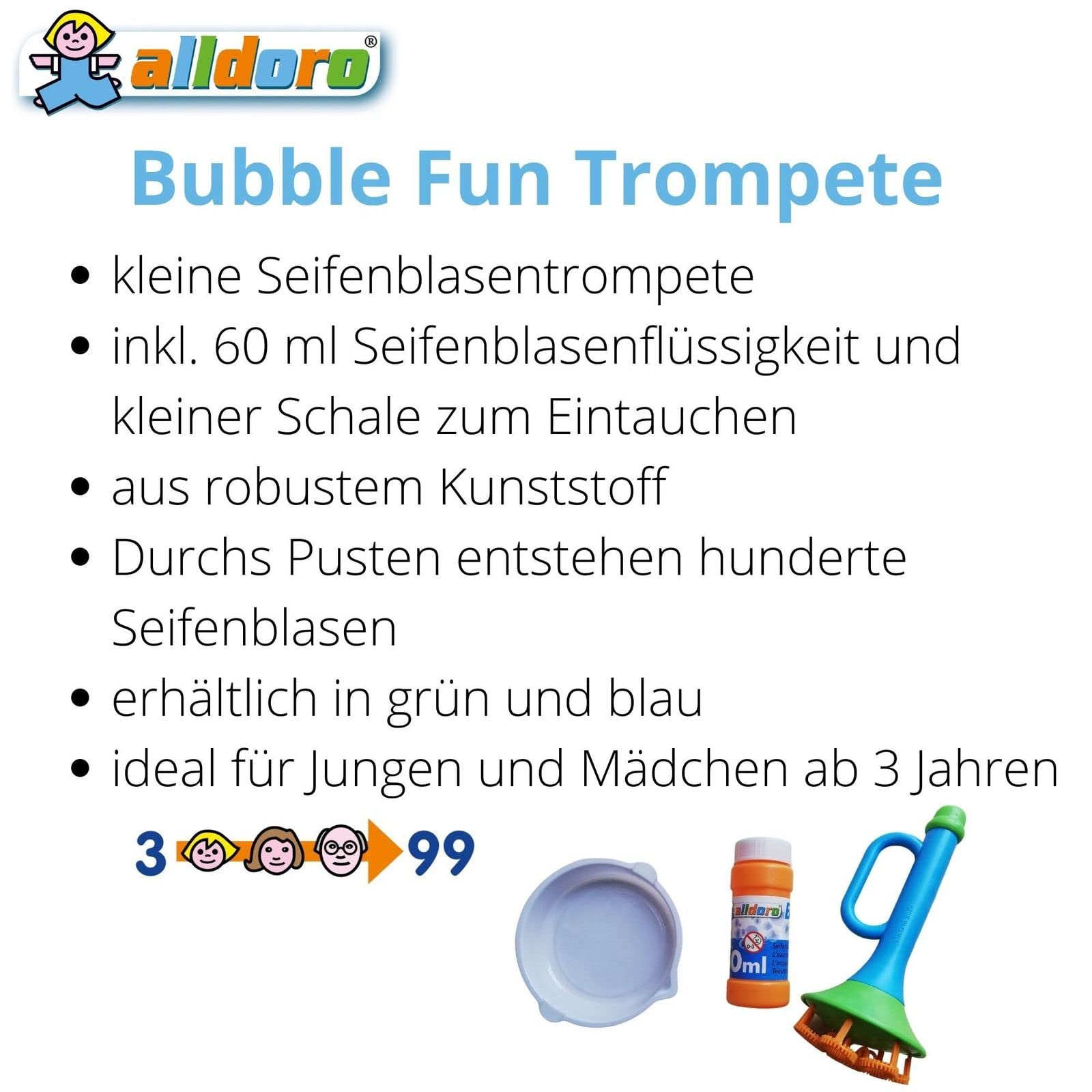 Trompeta De Burbujas Alldoro 60623 Con 60ml De Líquido – Máquina De Burbujas Mecánica Para Niños De 3+ Años
