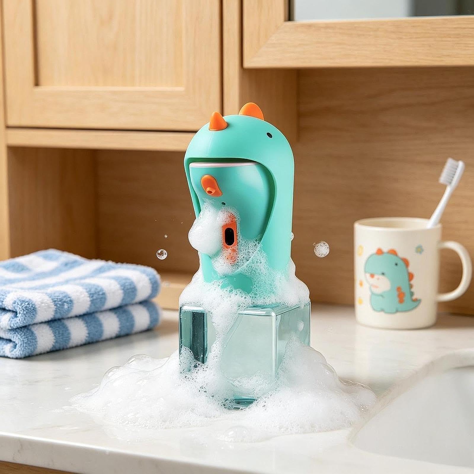 Dispenser Sapone Automatico Schiumogeno Bambini Dino Cartone Animato Finestra Visiva Sensore Igienico Adatto per Bagno Cucina Regalo Bambino, Verde