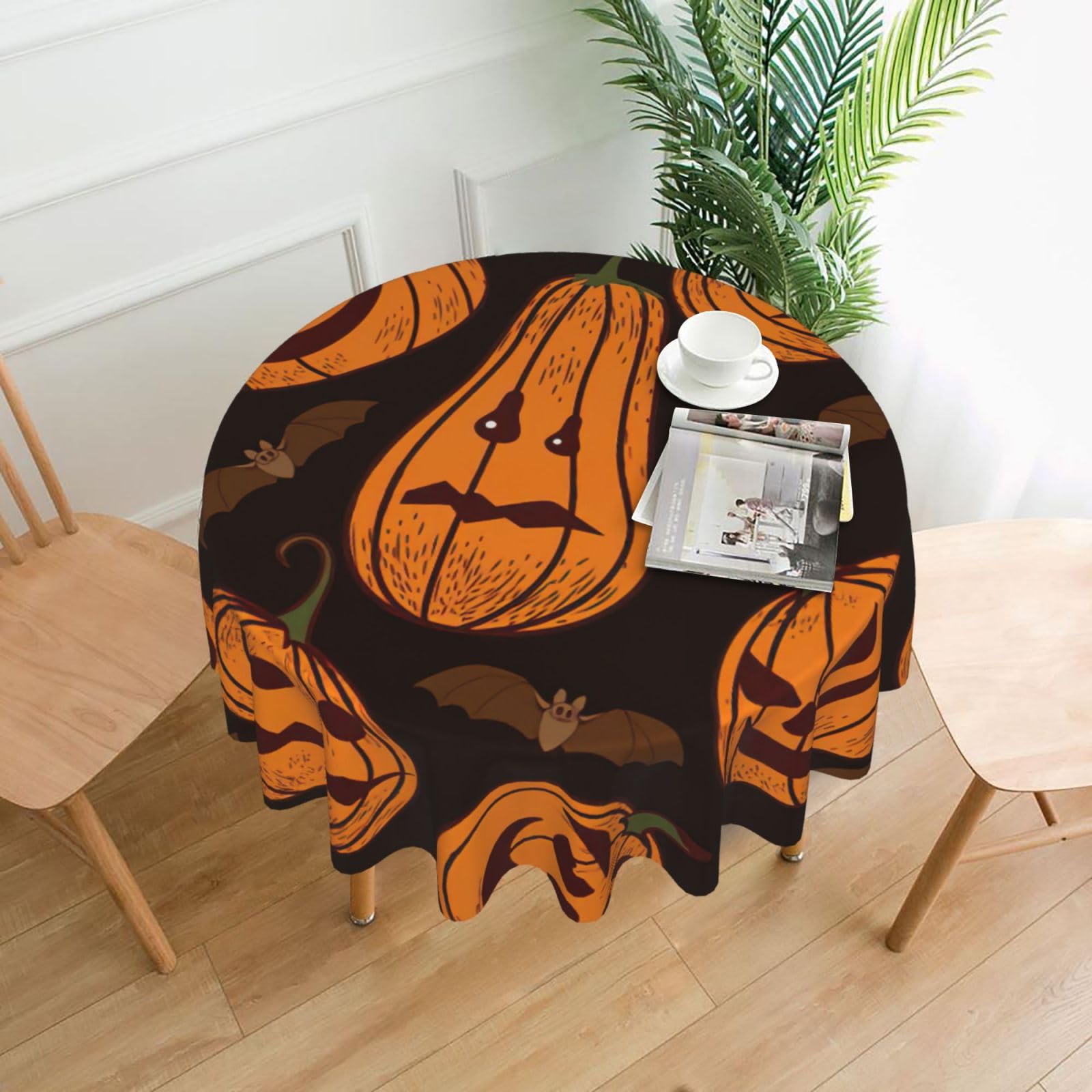 SDEGTHO Halloween Pumpkin Print Modern Retro Round Tablecloth 60in Polyester Fabric Cover for Party Dining Table Washable