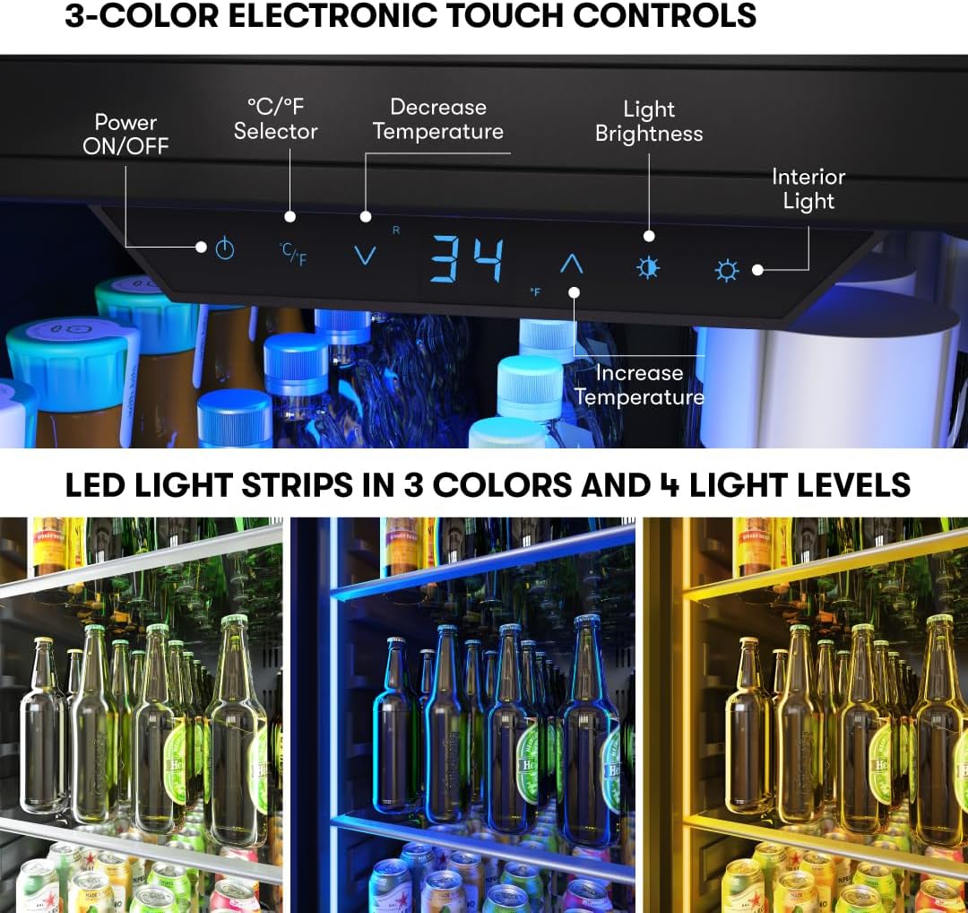 Zephyr 24 Inch Wine Fridge & Beverage Refrigerator Single Zone Full Size - Tall Wine Cooler Cellars Large Bar Drink Cabinet Freestanding with Glass Door - 266x12oz cans & 14x750 ml bottles