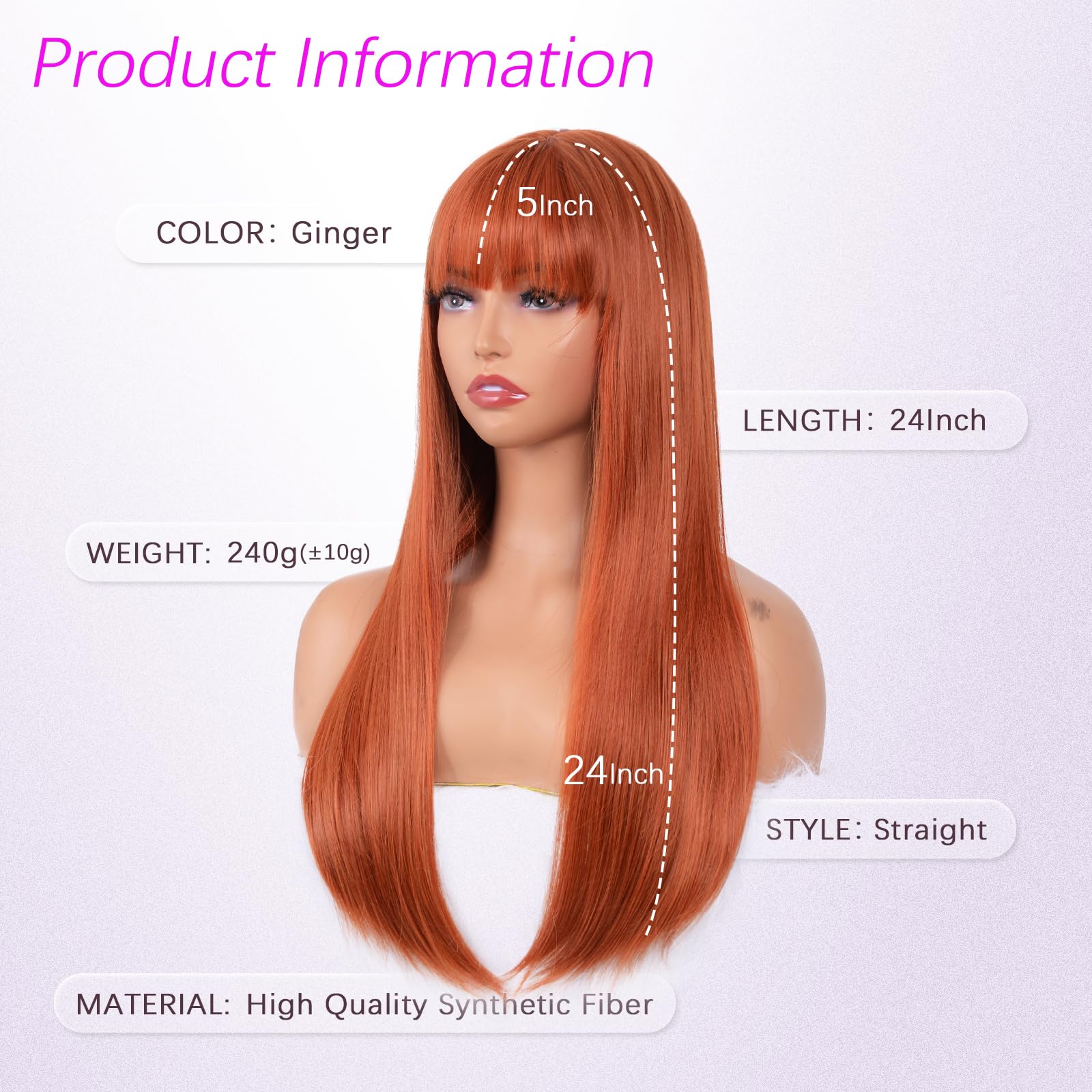 T-color Ginger Wig with Bangs for Women – Long Straight Heat Resistant Synthetic Wig for Daily Use, Party, Halloween, Cosplay – 24 Inch Ginger Wigs for Girls: Straight Ginger