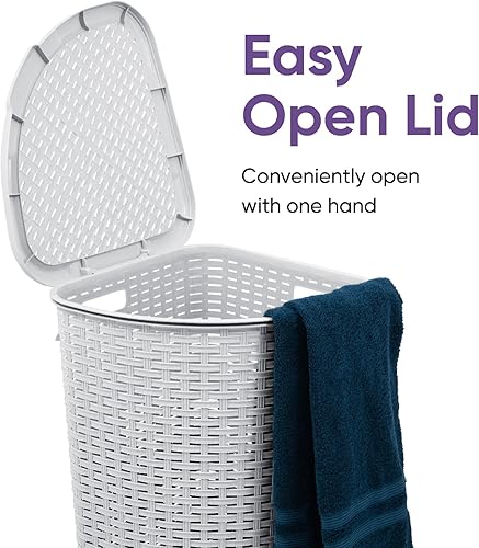 Miniatura 5 de Cesta de lavandería de esquina de plástico con tapa, cesta de lavandería de diseño curvo, organizador de paños de humo blanco triangular con asas