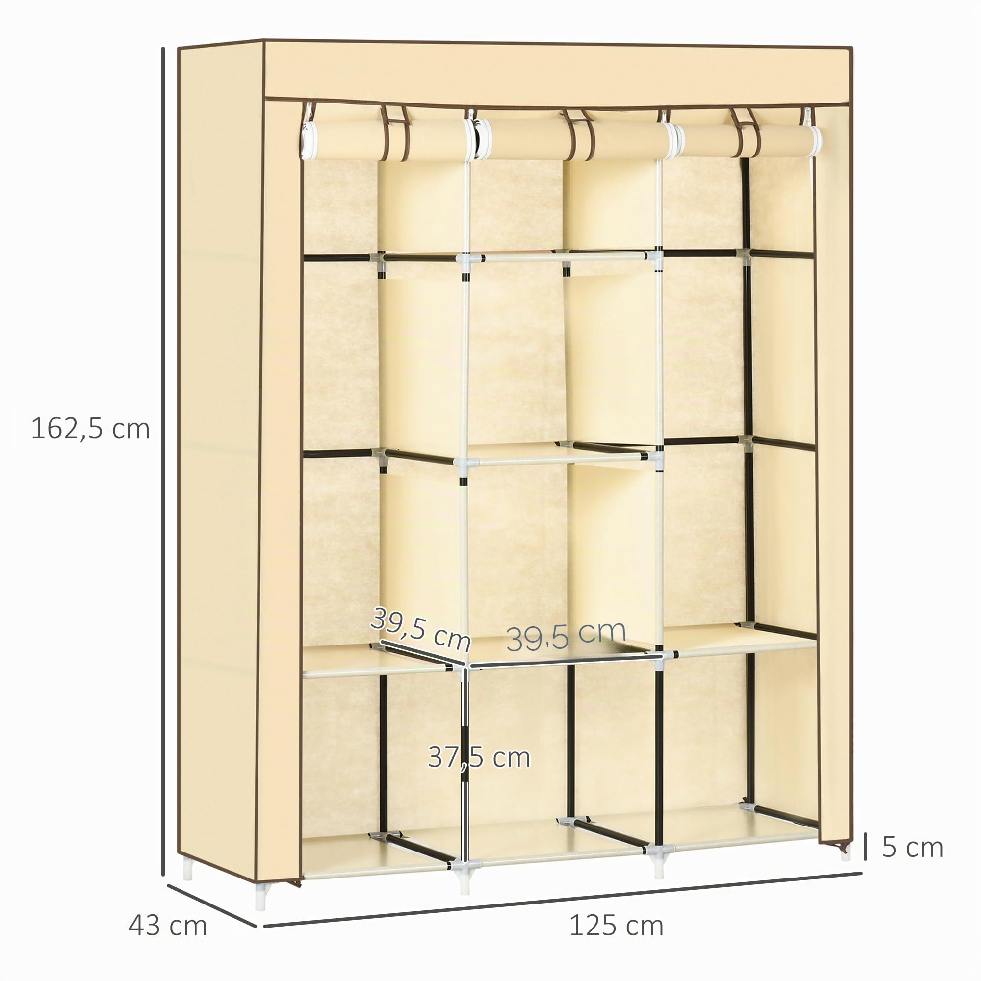 HOMCOM Armoire en Tissu avec 8 étagères, 125 x 43 x 162.5 cm, Beige