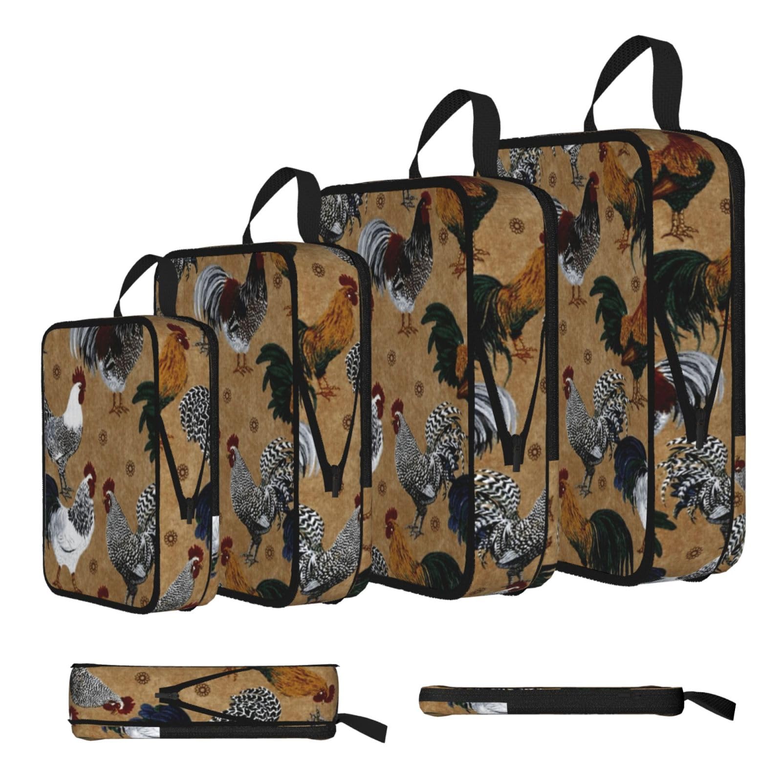 Rooster And Chicken Print Print Compression Packing Cubes 4-Piece Set With Multi- Compartment Travel Bag, Waterproof Suitcase Organiser Bags