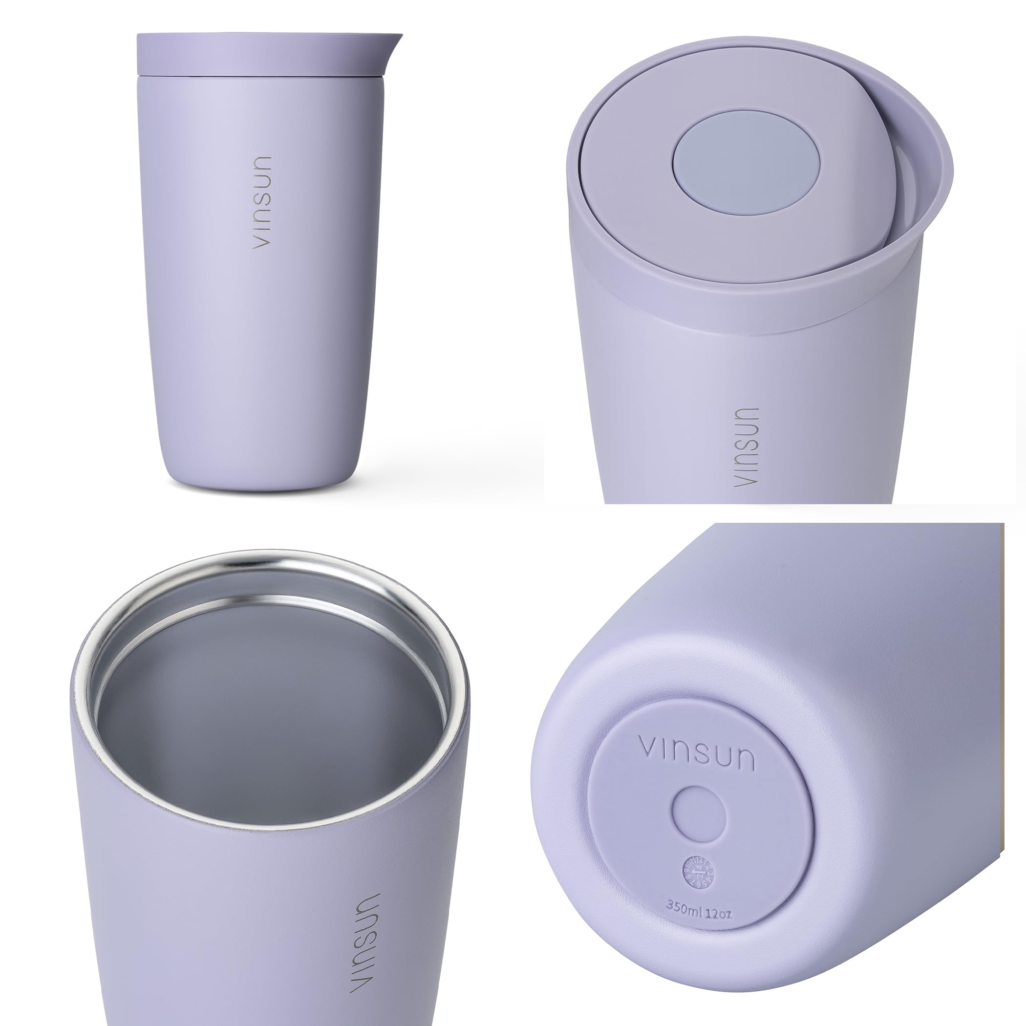 VINSUN Tazza Termica da Caffè e Tè 350ml - A Prova di Perdite, Doppia Parete, Acciaio Inox, Bevande Calde e Fredde - Tazza da Caffè per Auto, Scuola, Viaggio