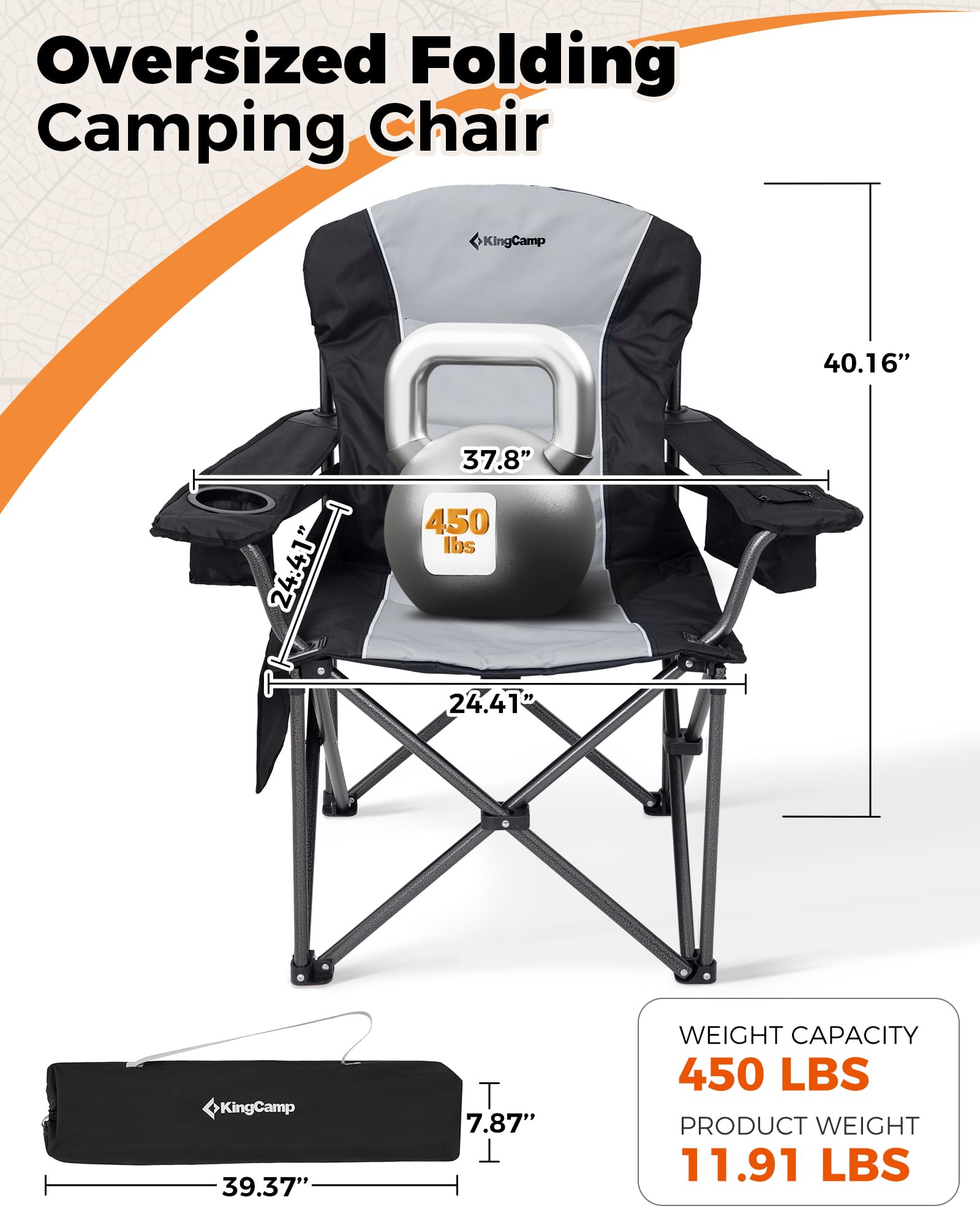 KingCamp Oversized Camping Folding Chair, Heavy Duty 450 LBS with Lumbar Support, Padded seat with Cup Holder&Cooler Bag, Ideal for Camp, Fishing, Sports Event, Backyard, Patio, Lawn
