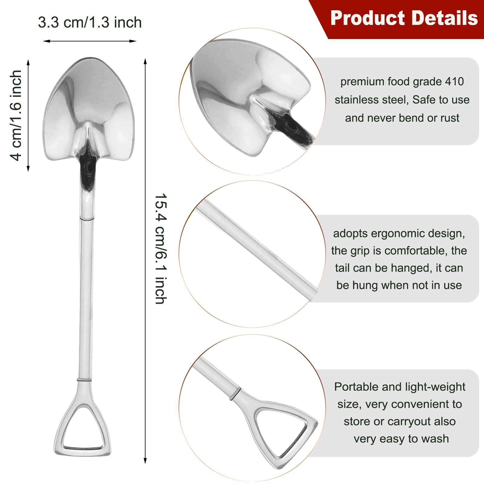 6 PCS 304 Stainless Steel Ice Cream/Dessert Spoons Set, 6.1 Inch Shovel Shape (pointed shovel-shaped)