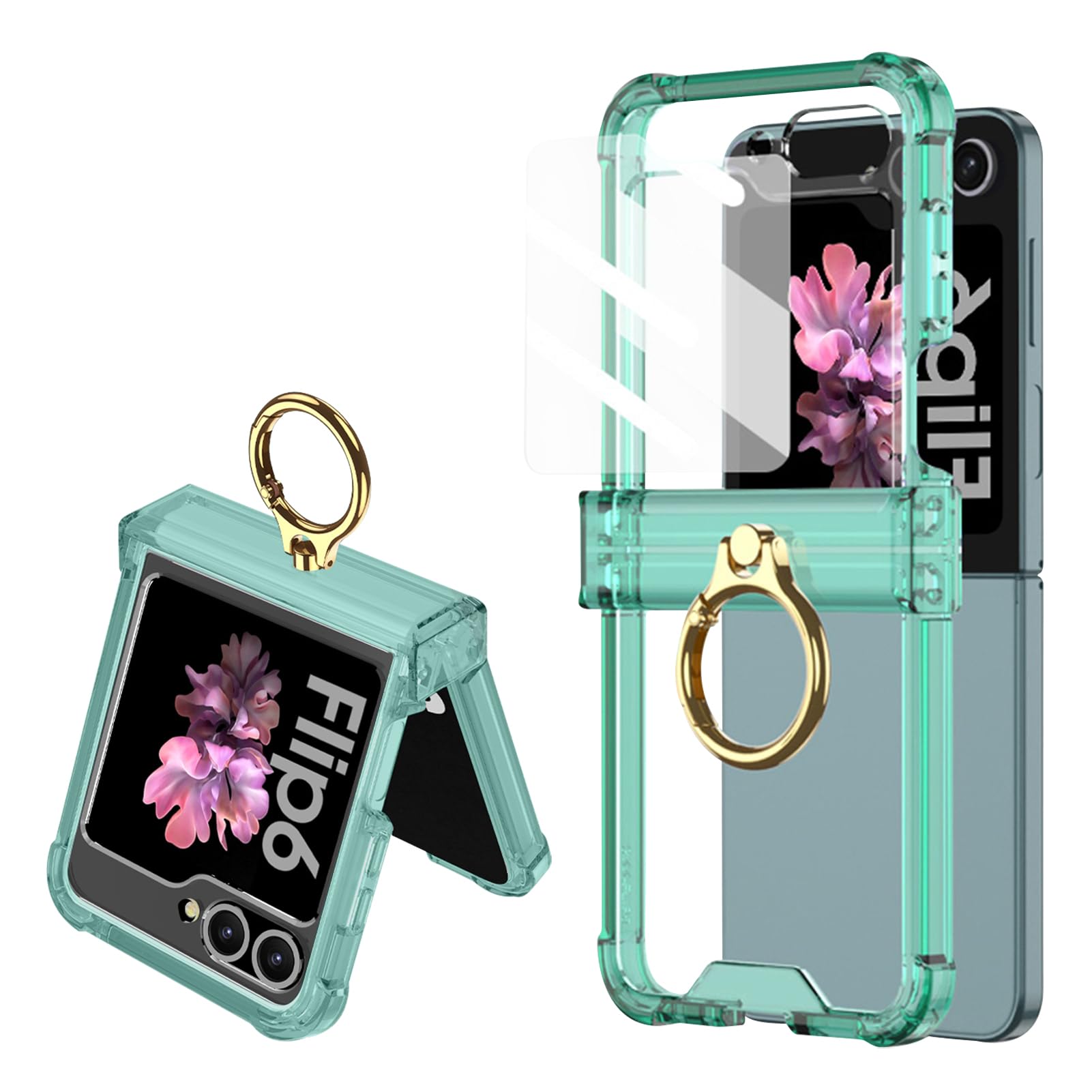 for Samsung Galaxy Z Flip 6 Clear Case Luxury Hinge Protection with Ring Holder & Screen Protector Soft All-Inclusive Shockproof Cover (Green)