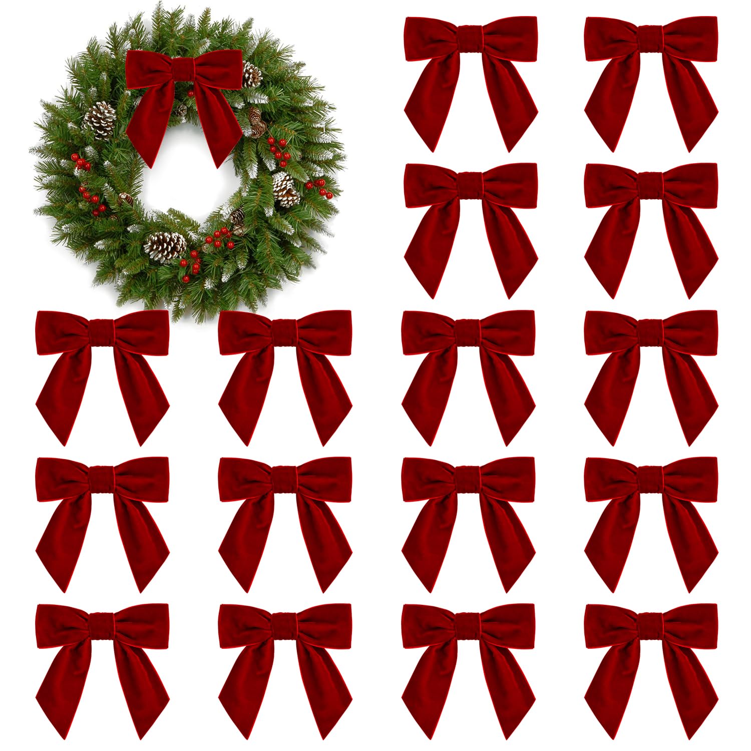 16Pcs Christmas Velvet Bows, 4.3" Vintage Velvet Ribbon Bows for Christmas Tree Garland Wreath Gift Wrapping DIY Crafts Wedding Decor (Red) — image 1