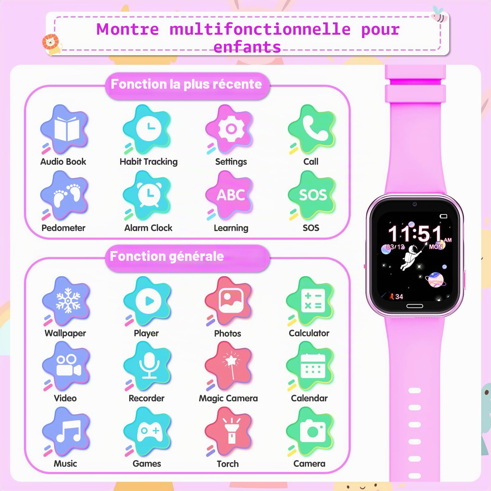 Montre Connectée Enfant 19 Jeux- Smartwatch Téléphone pour Fille Garçon avec Appel SOS, Jeux, Pédomètre, Appareil Photo, Musique, Lampe Poche, Montre Intelligente pour Enfants de 3-12 Ans (Violet1)