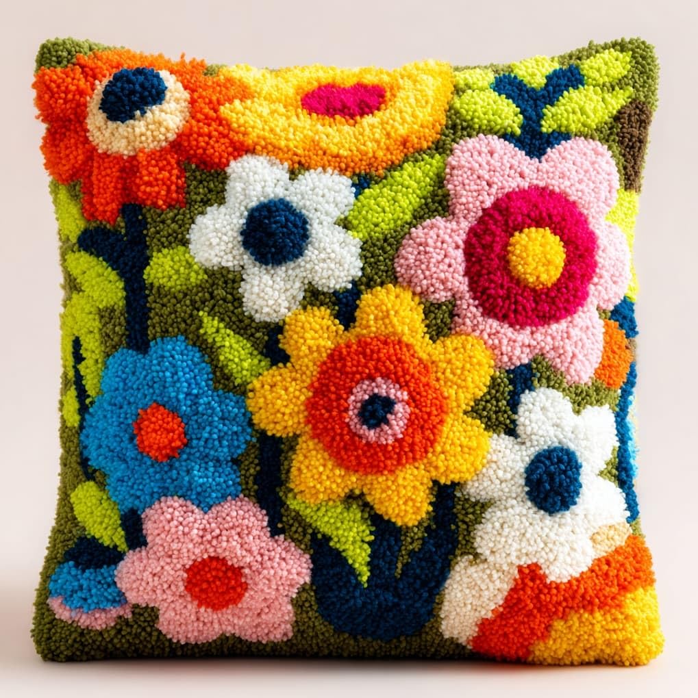 WallustrioaW Latch Hook Kit for Beginners,Colorful Flowers,Cushion Cover Making Kit,Embroidery Pillowcase Latch Craft for Adults,17x17in