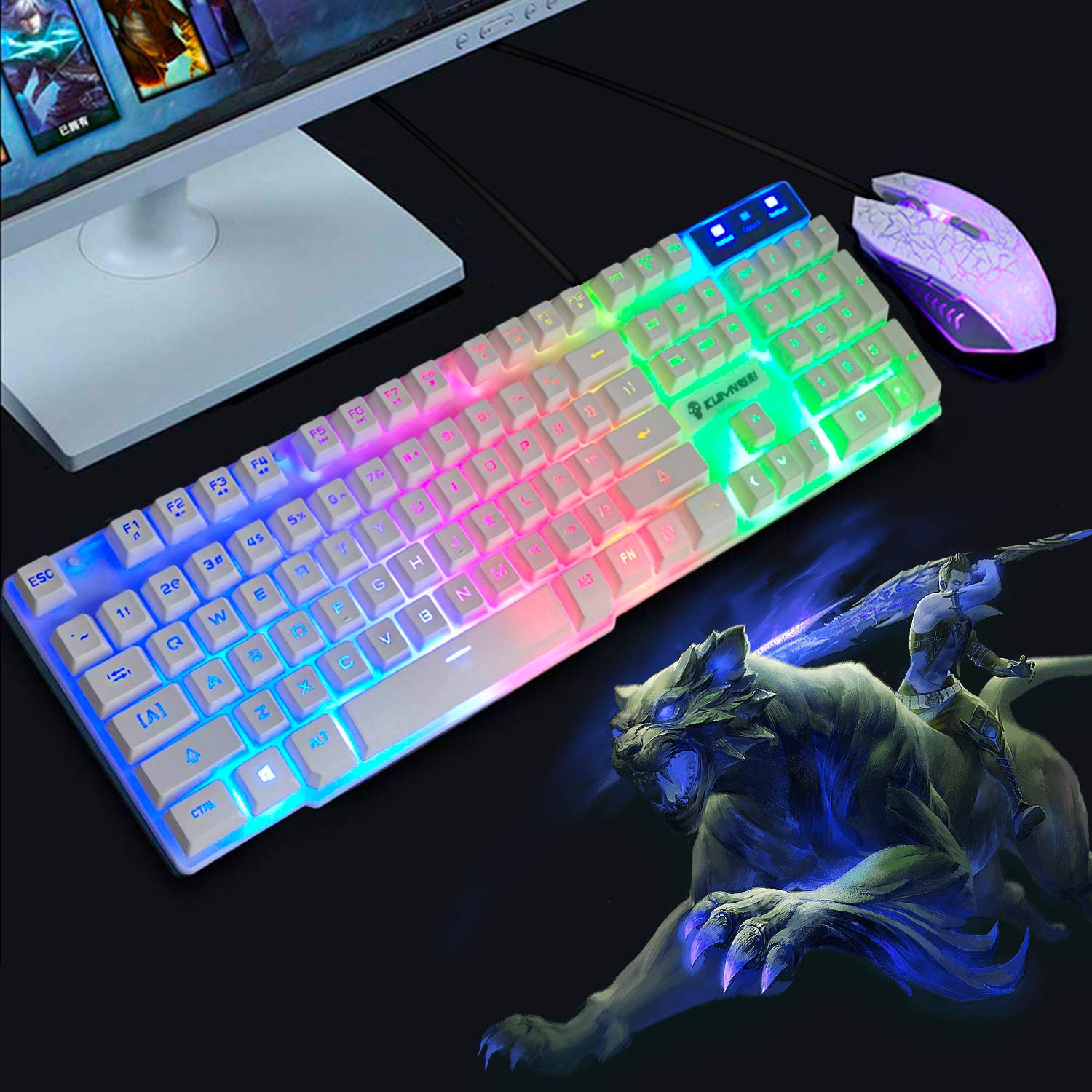 UrChoiceLtd Arco Iris Retroiluminado Ergonómico Teclado De Juego USB + 2400DPI 6 Botones óptico Arco Iris LED USB Ratón De Juego + Gratis Ratón De Juegos 220 * 180 * 5 mm (Luminous Key, White)