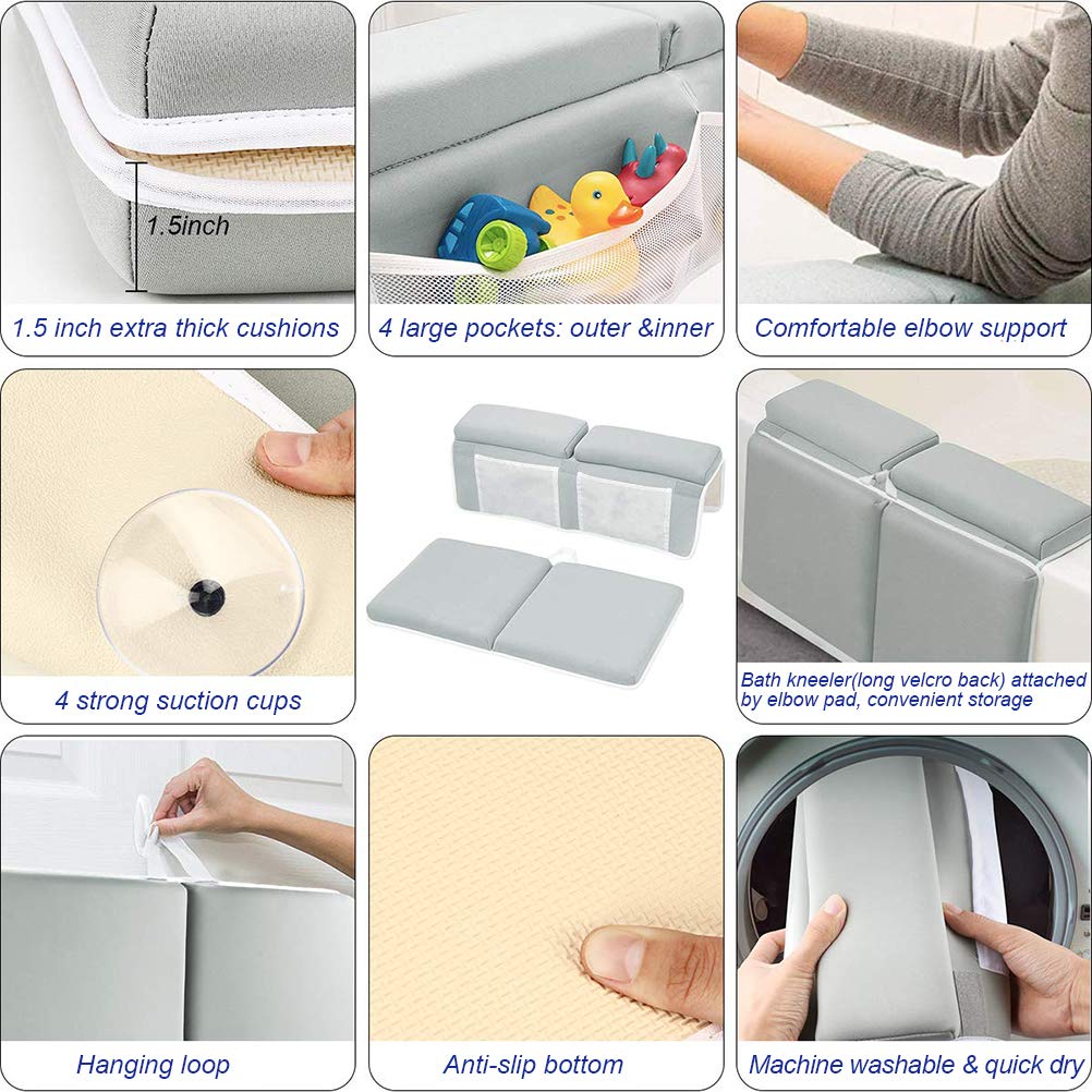 Juego de rodilleras y coderas de baño para bebé, 1.5 pulgadas de grosor, reposabrazos con 4 bolsas de almacenamiento de juguetes y almohadilla antideslizante para la bañera, cojín de baño lavable para