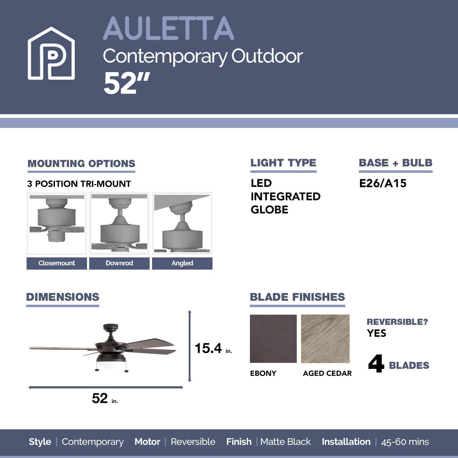 Lowest Price Prominence Home 50345-01 Auletta Outdoor Ceiling Fan, 52” ETL Damp Rated 4 Blades, LED Frosted Contemporary Light Fixture, Matte Black