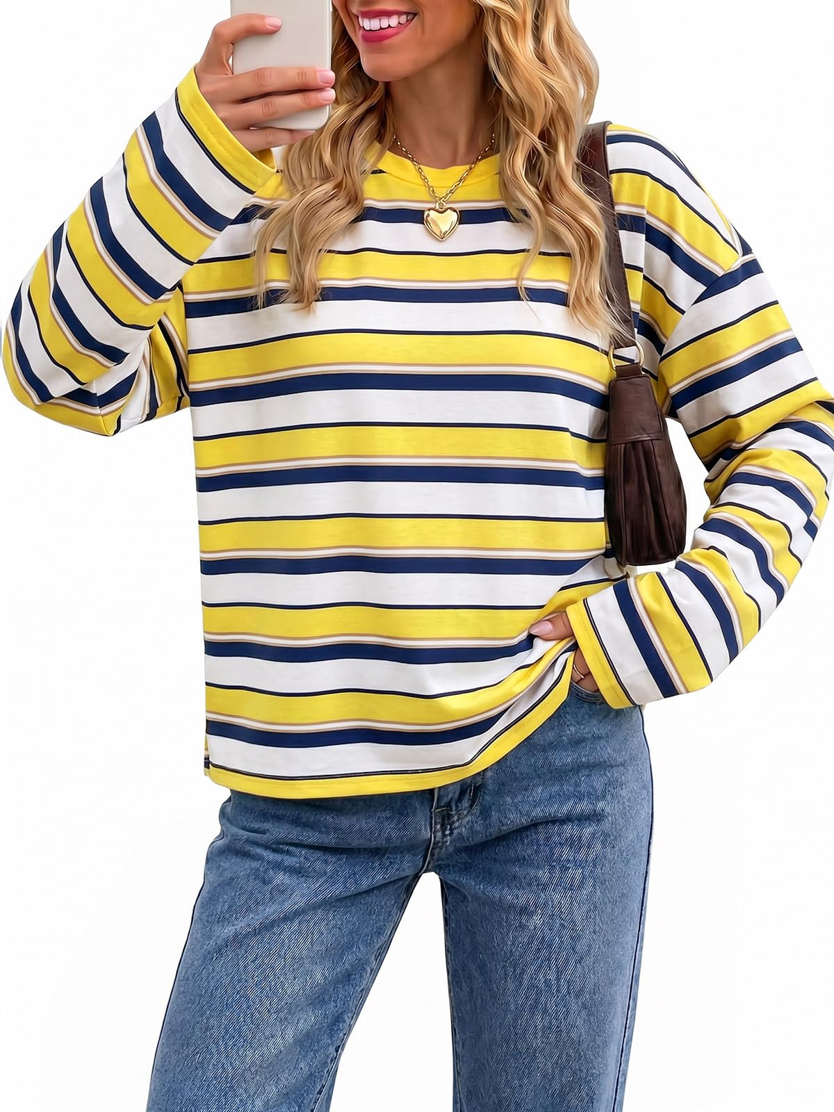 Cicy Bell Damen Gestreift Langarmshirt Oversize Rundhals Oberteil | Streifen,Langarm,Loose Fit,Basic,Bluse,Baumwolle,Top,Sweatshirt,Casual
